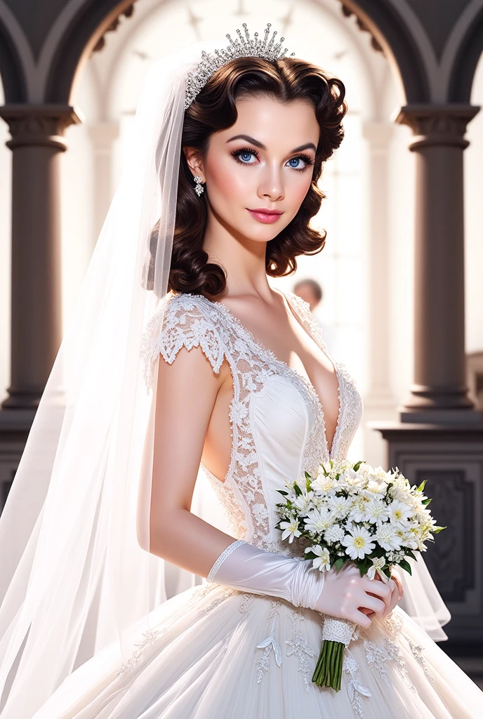 (masterpiece:1.2, Best Quality),8k, wallpaper,((Marvel Comic art, thick outline, flat color:1.3)),(Vivien Lee as bride), view from front, ((full body, white lace wedding dress, wedding veil, holding bouquet, standing in the chapel, vacuum cleaner)), perfect eye,detailed face, kindly expression ,