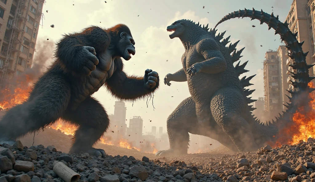blue Godzilla and king kong with sharp horrifying teeth, fighting (masterpiece)