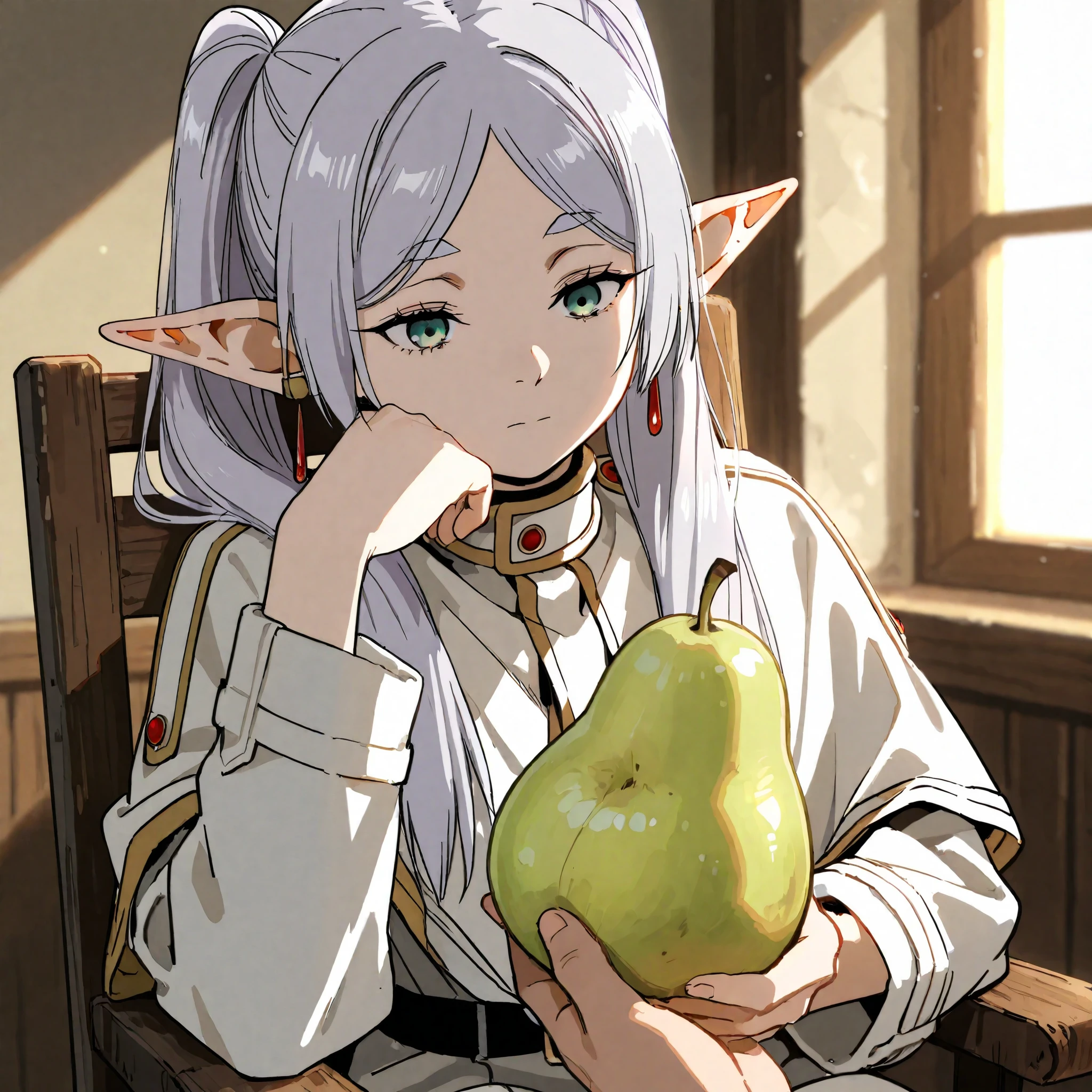A detailed illustration of Frieren from Sousou no Frieren, wearing her usual traveling outfit. She is seated on a chair, shown from the chest up, gently holding and admiring a pear in one hand. Her expression conveys quiet contemplation, and soft lighting enhances the serene atmosphere. The background is subtle and unobtrusive, focusing attention on Frieren and the pear. The art style should be faithful to the anime/manga, with delicate shading and attention to detail in her clothing and hair.