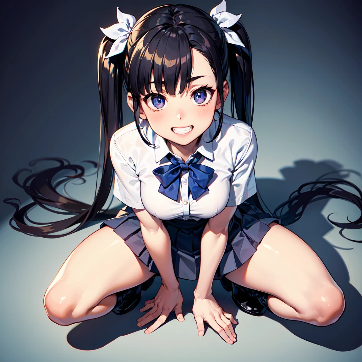 8K, Highest quality, masterpiece, Very detailed, Ultra-high resolution, Realistic, RAW Photos, Absolute Resolution, face is small compared to body, Very small face, Black Hair, High school girl wearing a navy sailor suit, Anime 2D Rendering, Realistic若いアニメの女子高生, ((White headband)), Purple eyes, Small breasts, expensive, Slanted Eyes, (School Scene), Black Stockings, Bright colors, Open your mouth, Dark blue skirt, Braid, Buns pats, Top-down position, Lying face down, Playing with rabbits on the ground, smile,