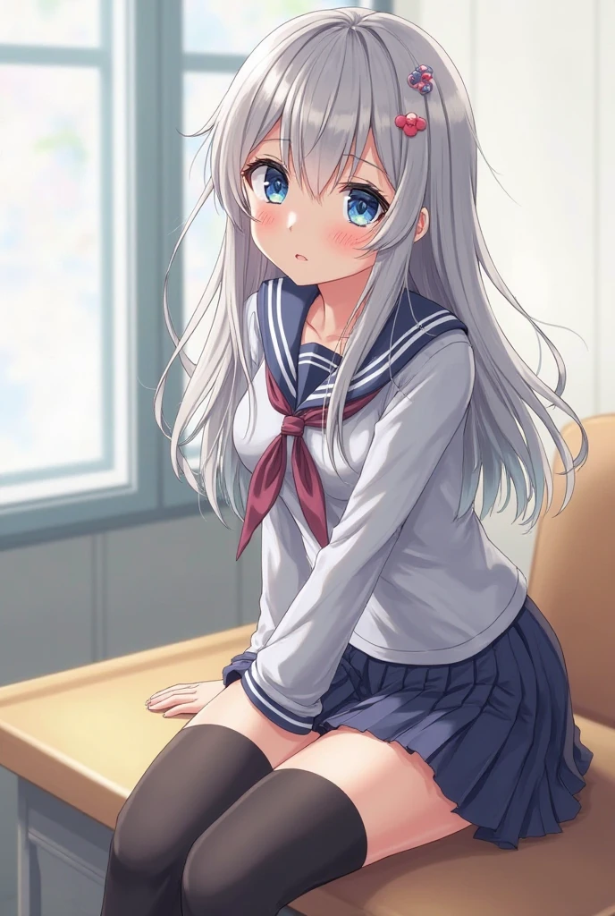 (8K, Highest Quality, Masterpiece:1.3)), Ultra HD, (1 girl, 1 person), (Color changing eyes, Ultra detailed, Expressive glow, Sparkling eyes), Very detailed eyes, Very detailed face, Random hair, (Silver gray color), Exposed, Pink sailor uniform, Home, (Sunset 1.2), (Cute bra and cute panties:1.1), (Ecstatic expression:1.2), Sitting, Angle from below, On all fours, White skin, Seductive, Wet panties