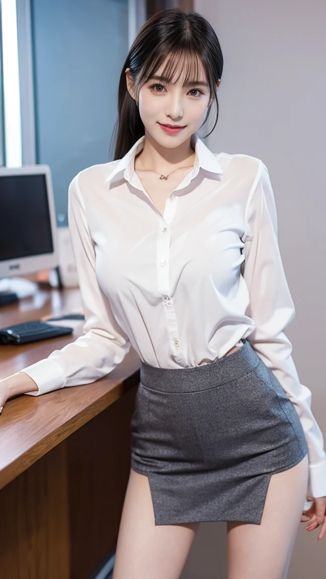 (born, Highest quality, masterpiece:1.5), (Photorealistic, Intricate details:1.2), Ultra-high resolution, Absurd,
One girl, Beautiful Face, blue eyes, Green Eyes, Fine grain, Symmetrical eyes, Light on the face, Red nose, short hair, Hair Bun, Black hair tie, 
click, Best, suit, Pencil Mini Skirt, White shirt, Silk scarf, Black Pantyhose, [:The 20th, :0.8],
smile, Small dimples, Sexually suggestive, 
Medium chest, Narrow waist, Slim legs, Long legs,
sitting in a chair in front of a desk, Perfect body, Good balance,
View your viewers, 
(office, indoor, hyper Detailed Background:1.2), Japan, Copier, File Cabinet, computer, monitor,
Glowing Skin, Realistic skin texture, 
Natural light, Best lighting, Detailed Background, Detailed Shadows, Sharp focus, Depth of written interface f/2,
saturation, High Contrast, Strong light and shadow