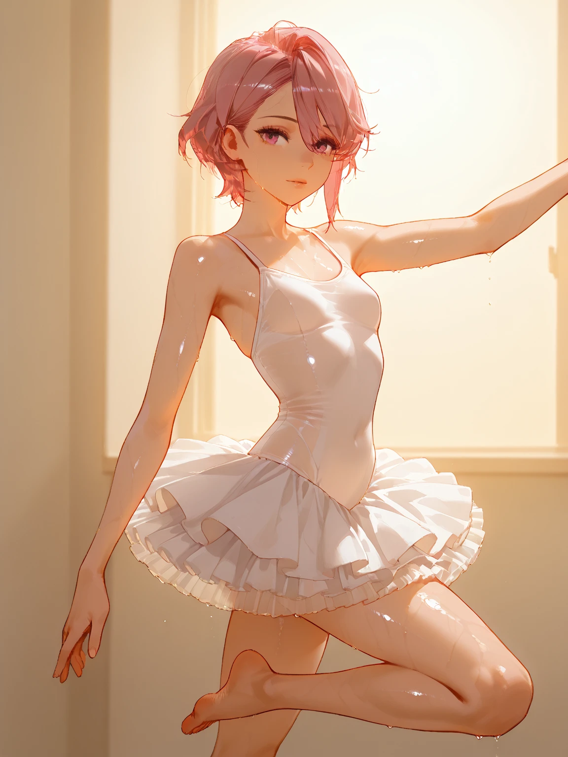 ((Goddess white dress)), ((skirt)), ((pantyhose)), ((shiny outfit)),, skindentation, skinny, solo, 1 woman, Masterpiece, highest quality, highest quality, 16K, incredibly absurd, highly detailed, 2.5D, ai-generated, delicate and dynamic, very delicate facial expressions, delicate eye depiction, erotic, only sexy woman, ((A cute and kind face)), healthy figure, ((25-year-old woman)), 160cm tall, medium firm swaying bust, (short hair), (pink hair:1.5), bob cut, black eye, blush, Sweat,Embarrassed,sexy, ((thin thighs)), (camel toe:0.7), (visible nipples:0.3), (Erect nipples,:0.7), shiny and lustrous, facing straight at viewer, (((in heat))), ((Oily_skin)), ((dutch angle)), ((erotic pose)),