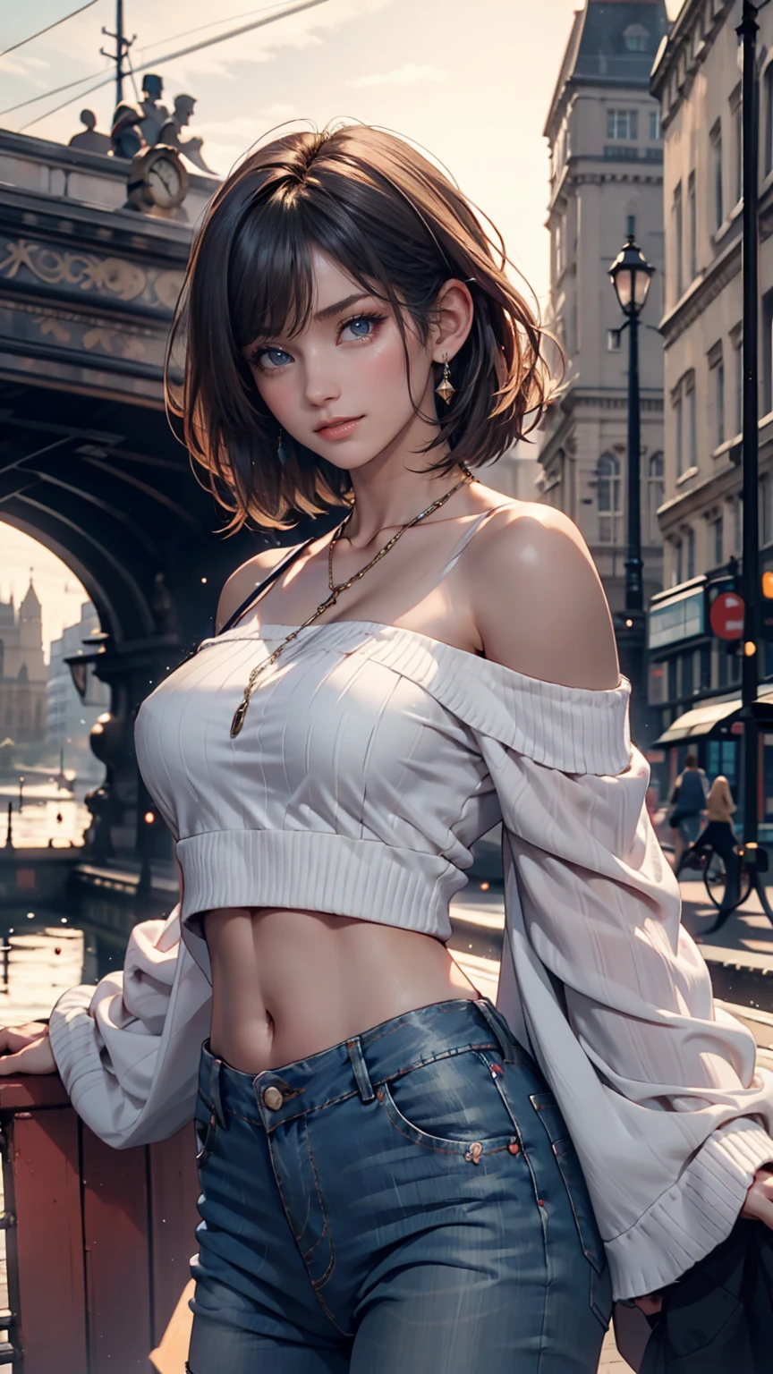 24 year old Caucasian female、Silver Hair、Straight Hair、Lace choker、Strap shoulder tops、No bra、Chest(Nipple swelling emphasis)、Colorful leggings、Stiletto heels、Sitting on the wide stone steps of the Old Town、Crossing your legs、Cheek resting on hand、smile、Silver accessories on the wrist