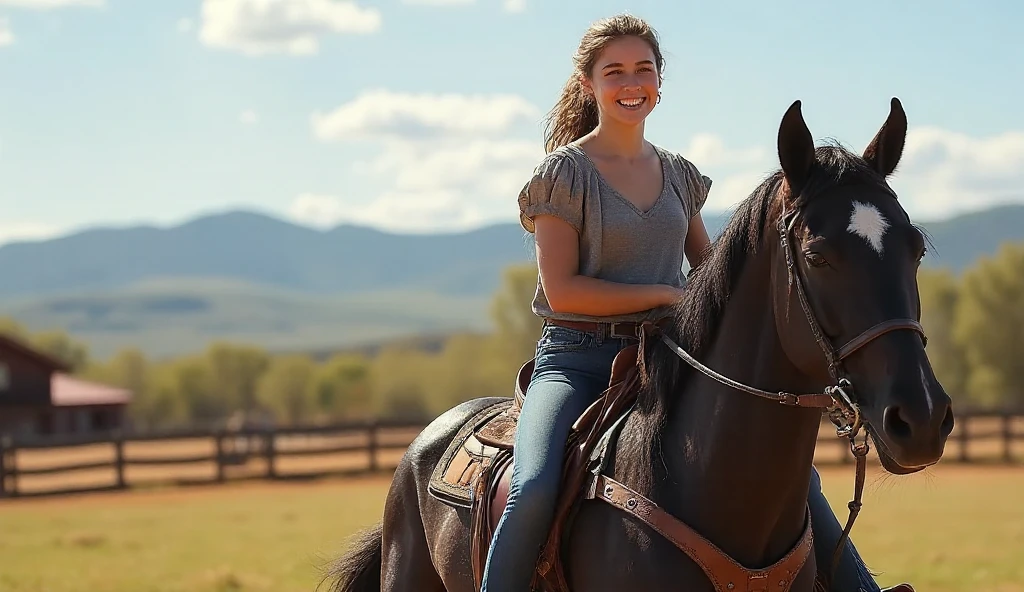 A beautiful 15 year old girl riding a horse at the ranch