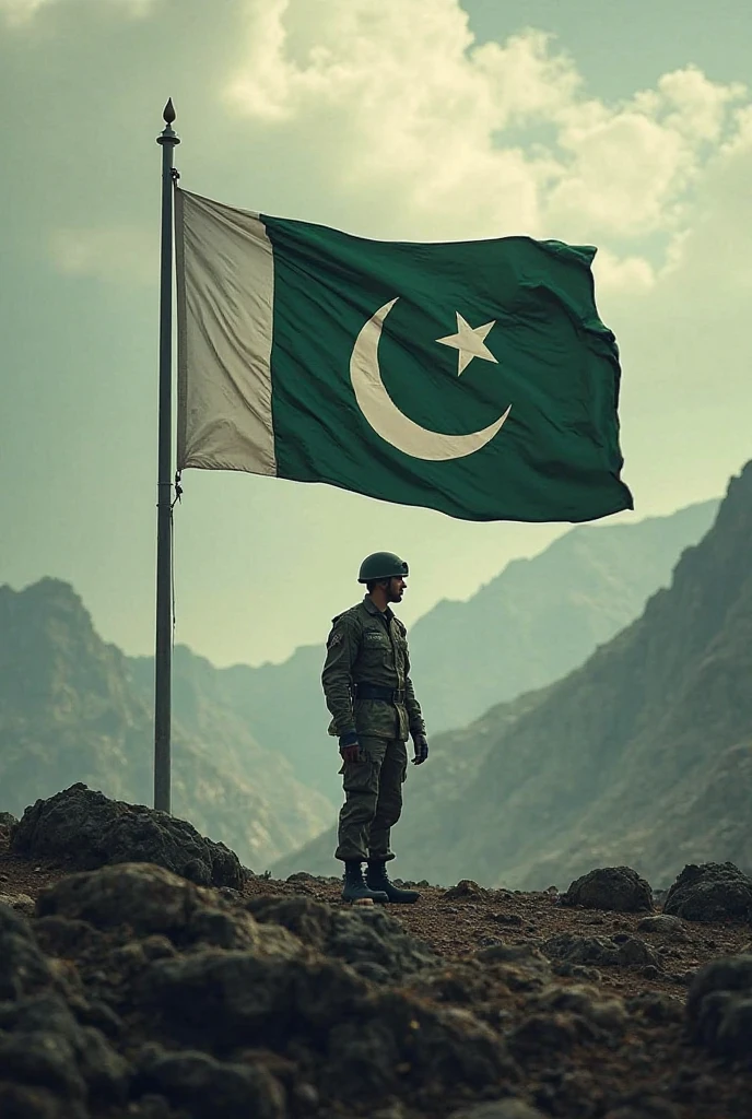 Pakistani flag in soldier's hand