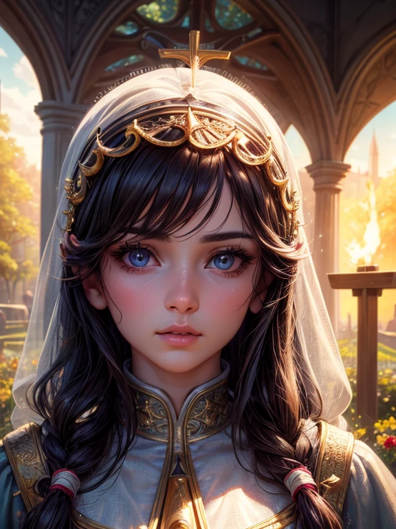 (melhor qualidade, 8k, master part: 1.3), Menina de 5 anos de olhos verde esmeralda,(Arte infantil) (praying),(Pose da testa), dressed in the costume of a bride with a lighted lamp beside her waiting for the child's groom, Motor Unreal 5, 8k portrait render, painting digital adorable,photorealistic anime girl rendering, Artgerm ; motor 3d irreal,