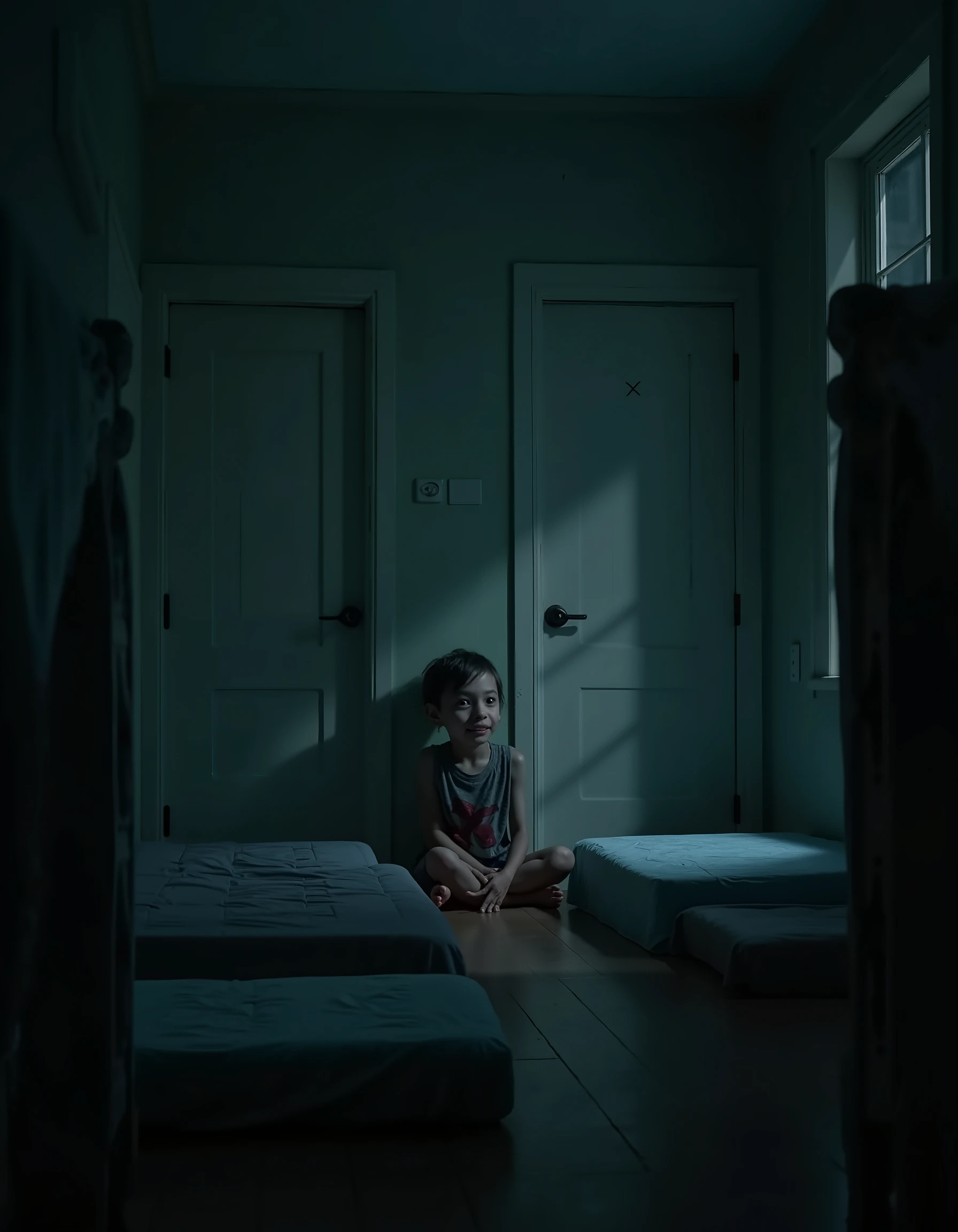 Boy sitting on a creepy room at night