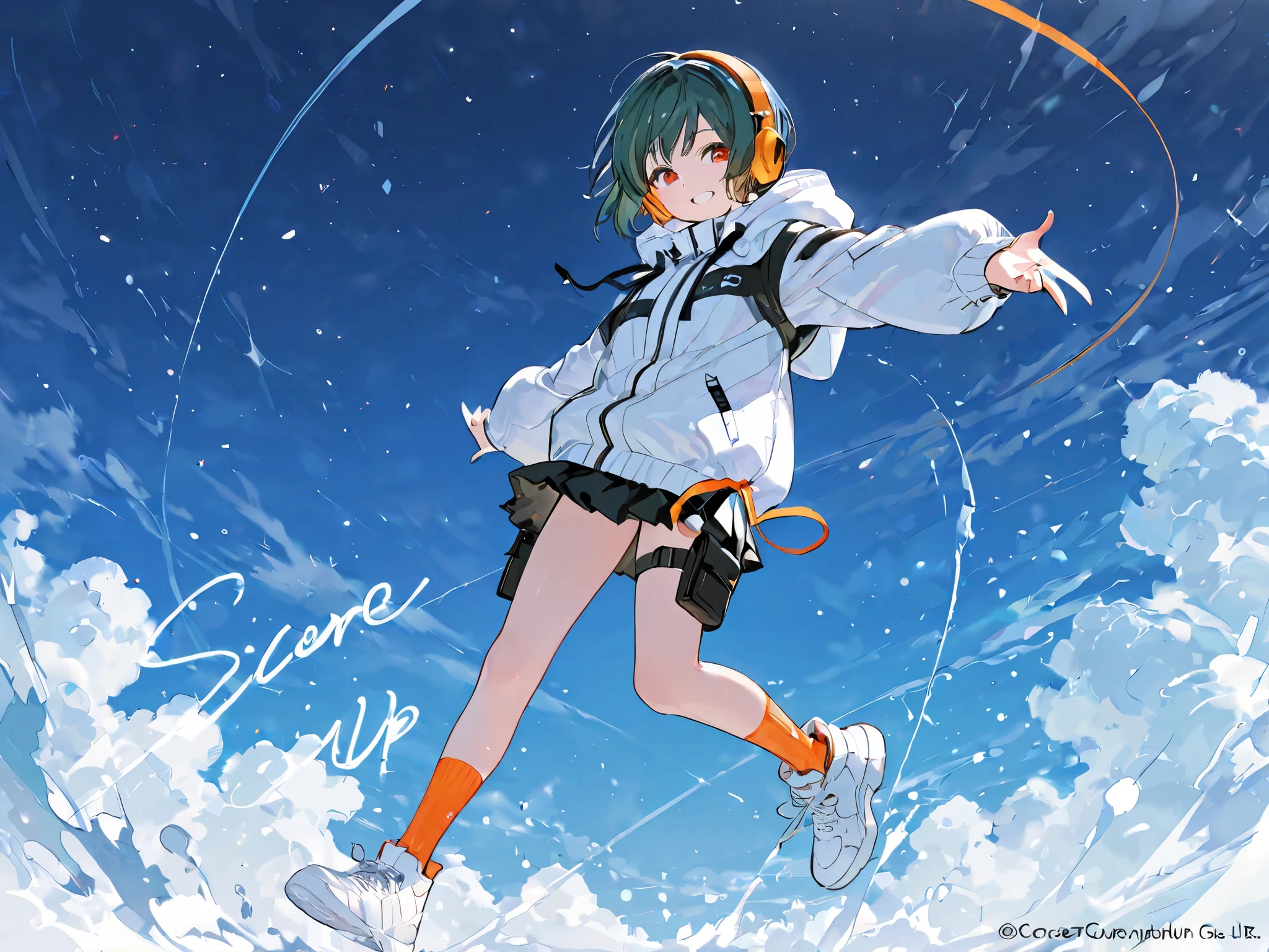 score_9, score_8_up , score_7_up , score_6_up , score_5_up , score_4_up ,4K,8k, 1girl  ,oversized hooded white down jacket,dark green short cut hair, orange headphones,ruby eyes, miniskirt,making a peace sign,black thigh and knee pouch,orange ankle length socks,WHITE SNEAKERS,smile,arms extended diagonally behind,welcome