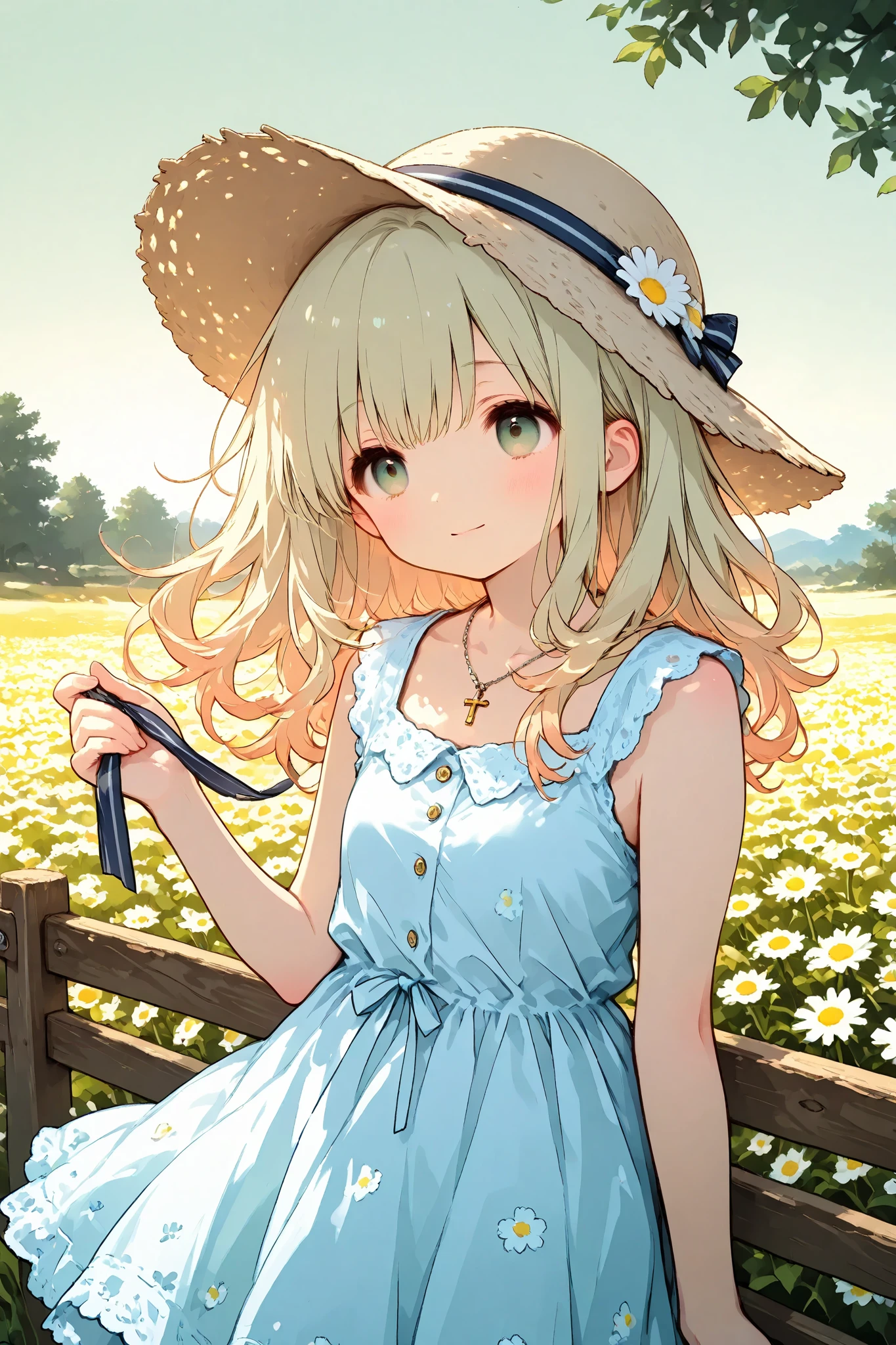 illustration, trk,hzk,best quality, dramatic lighting,Cute,Chibi, masterpiece, best quality, 8k, highres, ultra-detailed, HDR, UHD, studio lighting, extreme detail description, professional, 1girl, green eyes, wavy blonde hair, summer dress, floral print, daisies, flower field, soft smile, holding ribbon on hat, delicate necklace, cross pendant,upper body, sunlight, gentle breeze, light green background, wooden fence, outdoor scene, serene atmosphere, pastel tones, warm and soft lighting