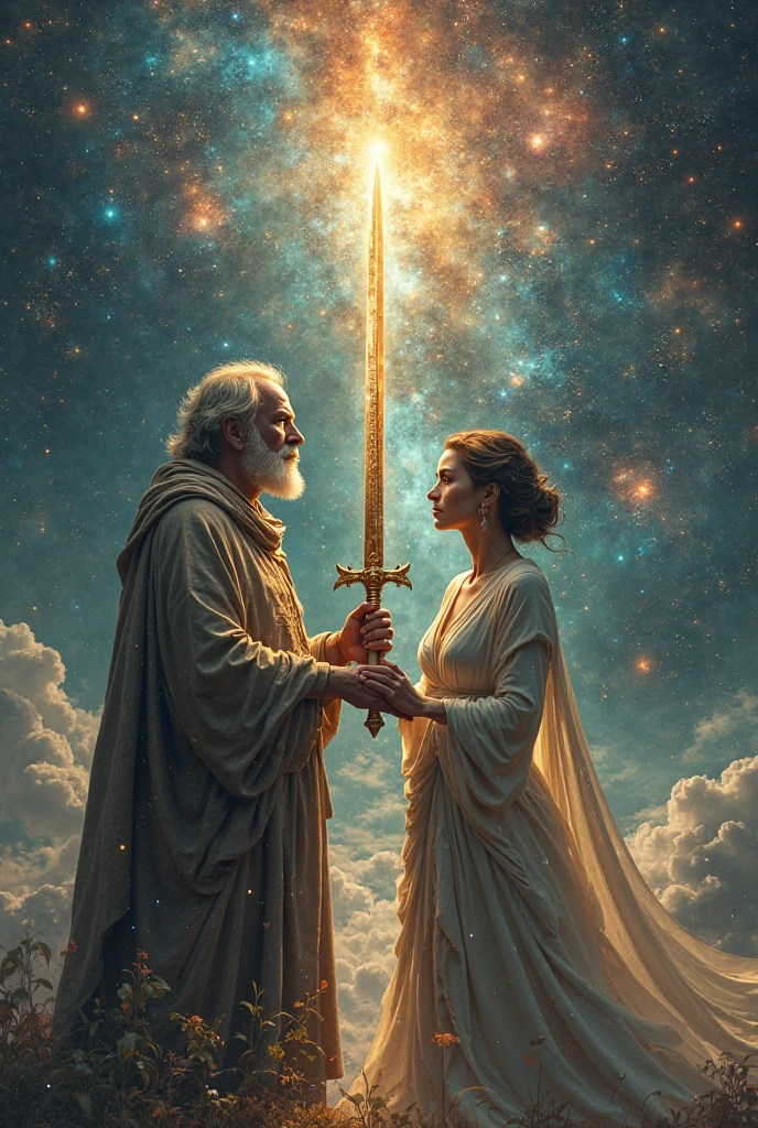 "In a sacred clearing under the night sky, Vortex, holding the glowing golden sword aloft, stands beside the young shaman, who is dressed in flowing white robes. The shaman channels her energy into the ritual, her hands glowing with a soft, radiant light as she assists in restoring the kingdom's lost power. Vortex’s sword shines brightly, symbolizing the return of peace and prosperity. The atmosphere is filled with a serene and powerful energy, as the light begins to spread across the land, dispelling the darkness that once held the kingdom in its grip. The two figures stand united, their combined efforts bringing hope and renewal to the kingdom."