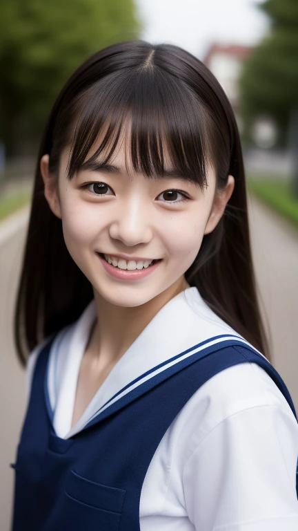 lens: 135mm f1.8, (highest quality),(RAW Photos), (Tabletop:1.1), (Beautiful 13 year old Japanese girl), Cute Face, (Deeply chiseled face:0.7), (freckles:0.4), Speckled sunlight, Dramatic lighting, (Navy blue sailor suit), Long sleeve, (In the classroom), shy, (Close-up shot:1.2), (smile)