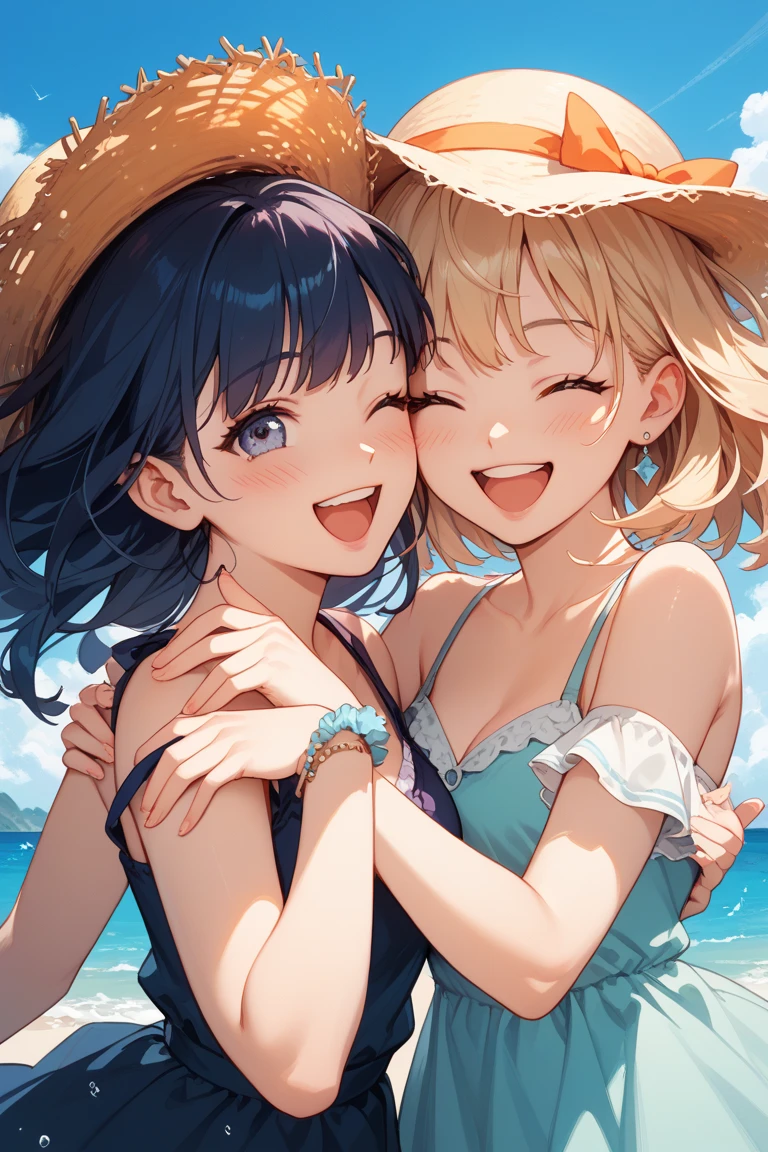 women having fun on the beach manga cover, cute girls