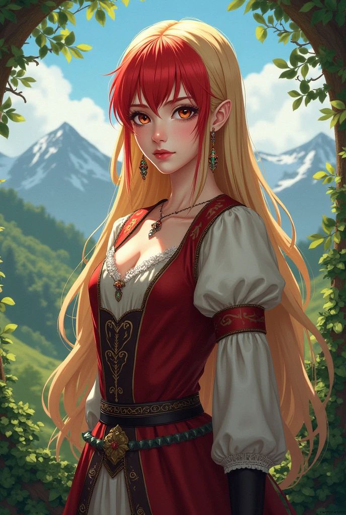 best quality, (masterpiece:1.2), illustration, absurdres,  portrait (1girl, solo), (beautiful detailed girl), golden hair, long hair, red eyes, medium breasts,, shy, green hat, hat with feather ornament, negligee dress, (fantasy:1.1) (medieval:1.1) outfit, not looking directly at the camera, flowers, fairy ring, ancient ruins, stone ruins, lake, sky, clouds