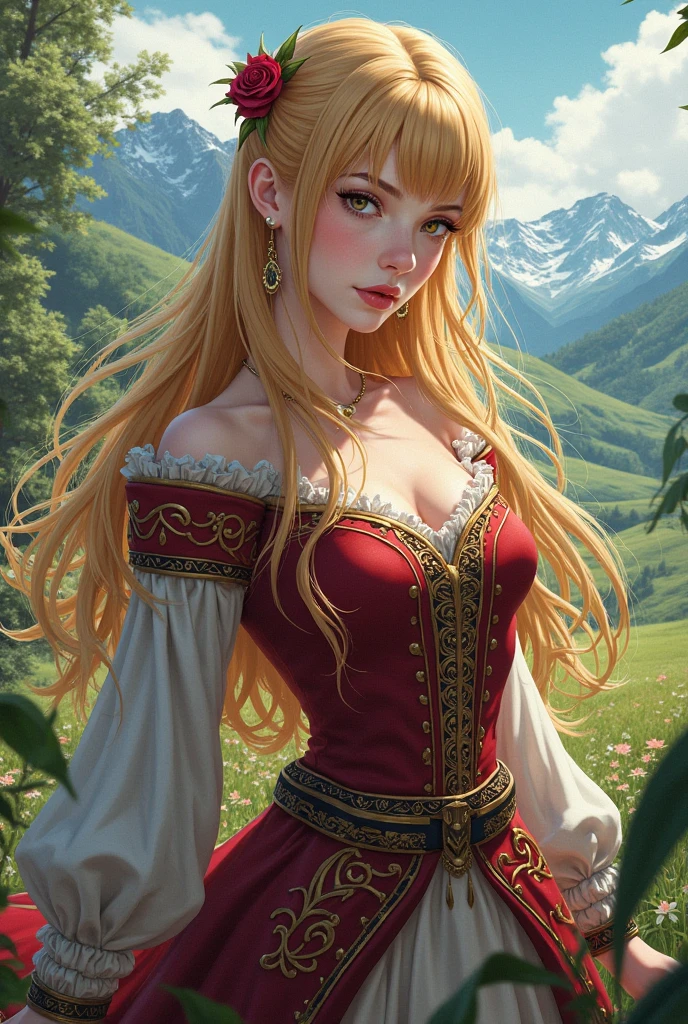 Young woman,Twenty-five years old, Beautiful face, Long white hair, Wearing Central European clothing, Big chest, Thin waist, Big butt, Sitting in the garden, Anime style with bright tones 2.5D
