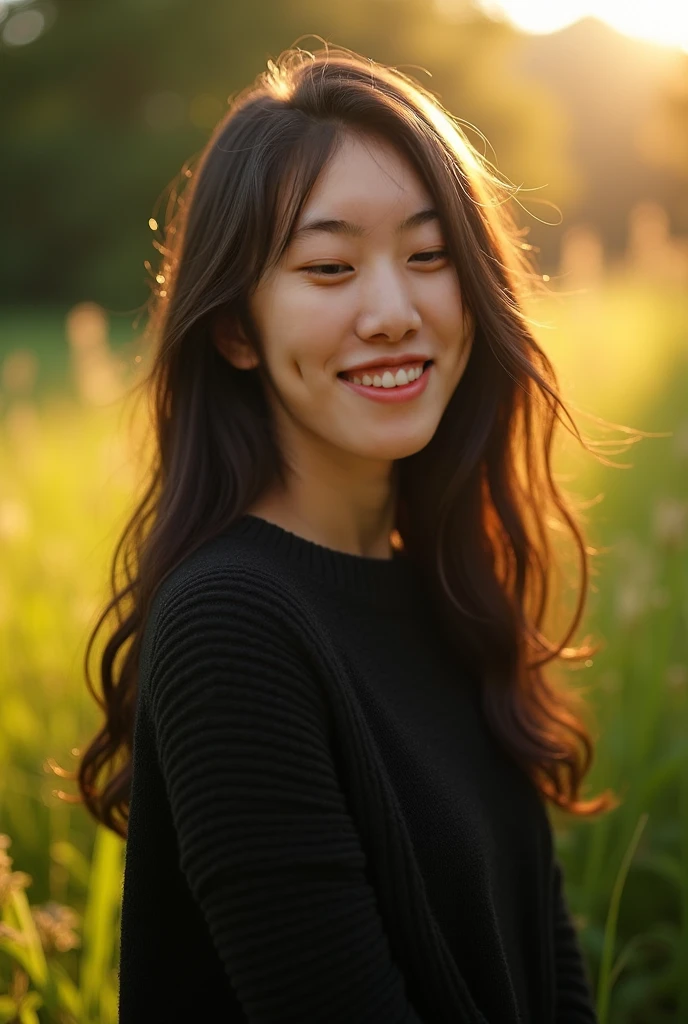 Selfie style photo. Asian woman sitting on a