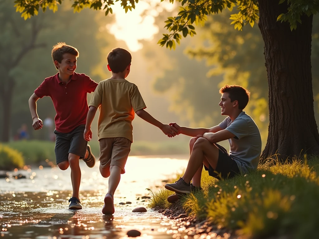 On a sunny morning, Dad took the children's hands and happily walked through the park, with rainbows and lakes --auto --s2