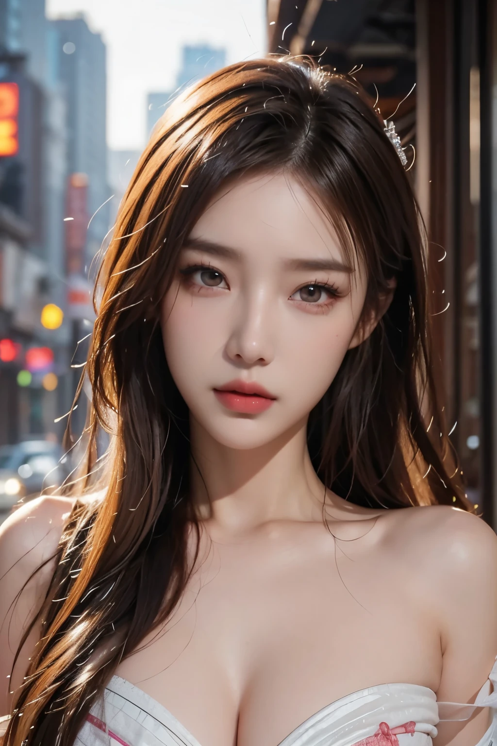 ((nighttime scene、Realistic light、Top image quality、8k、​masterpiece:1.3))、1girl in、Slim figure beauty:1.4、(Brown hair、middlebreast:1.3)、Off-shoulder cut top:1.3、sofas、Super detailed face、detailedeyes、二重まぶた、(((Upper body naked)))