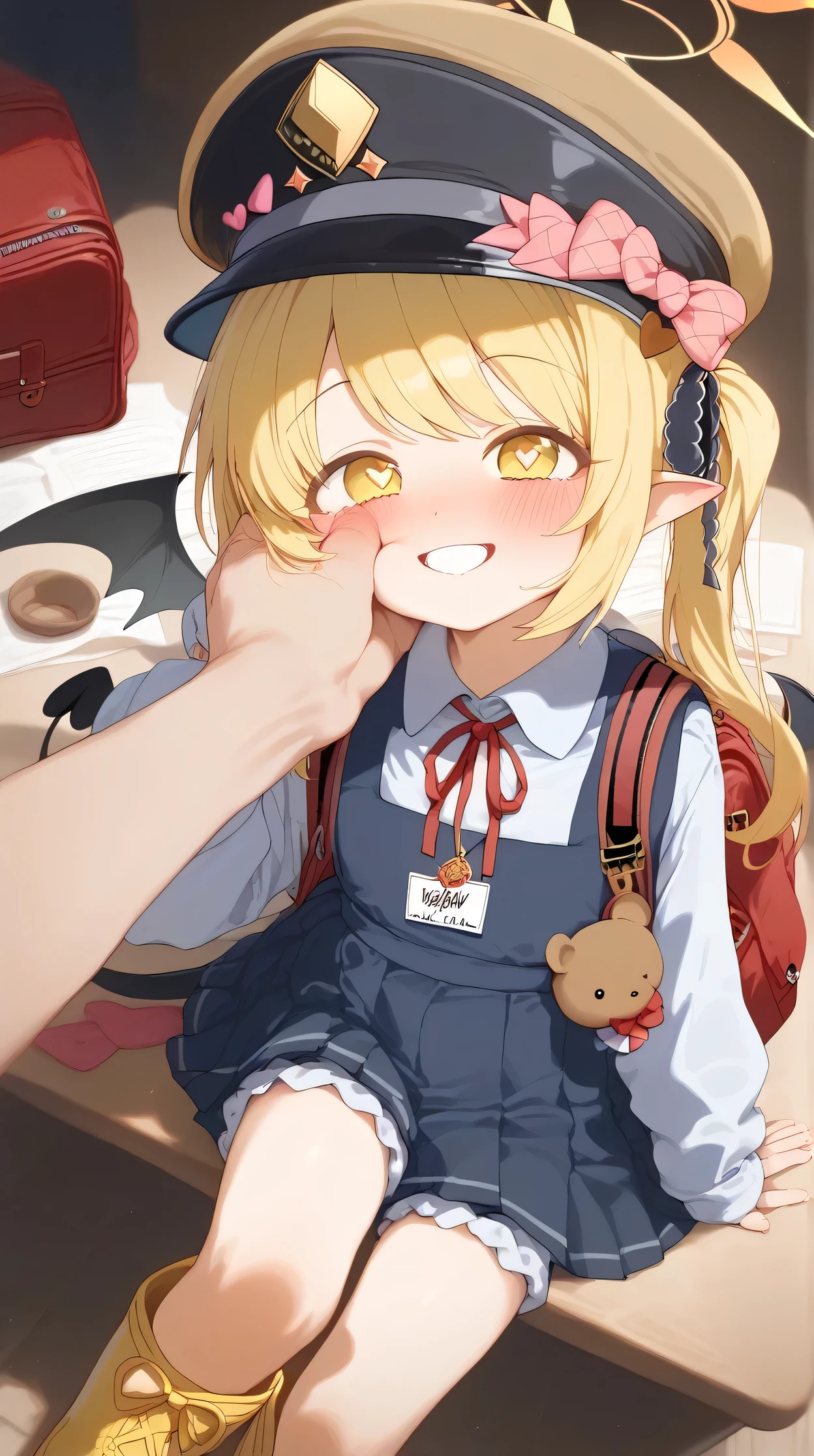 score_9, score_8_up, score_7_up, GwenSDXL,1loli, small breast, skinny, young, petite, ibuki-default,
ibuki \(blue archive\), yellow eyes,blonde hair,side ponytail,halo,hair ribbon,pointy ears,halo,horns,tail,low wings,pinafore dress,white shirt,white bloomers,yellow boots, sitting on table, cute, kindergarten uniform, school hat, yellow hat, randoseru, backpack, red bag, blue shirt, name tag, skirt, pleated skirt, in love, teeth, cute, blushing, pov caressing, one hand cheek grab, heart pupils, lifting own skirt