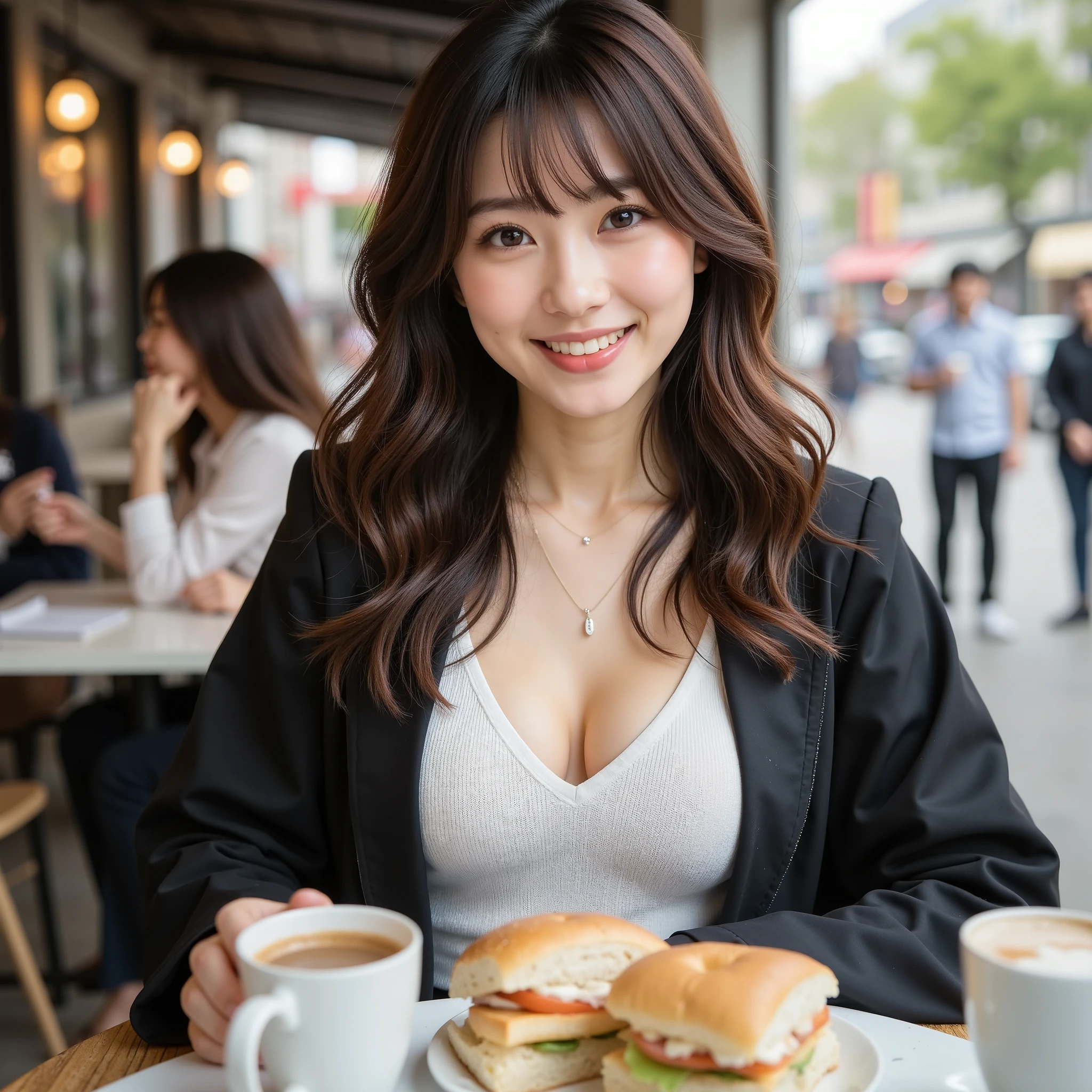 『1 Japanese girl:1.3』『real photo:1.3』Best Quality:1.2、((big breasts))、has a slight cleavage、((young 20 year old woman ))、『is showing off my teeth and laughing:1.9』、(((anatomically correct、perfect anatomy、anatomically correct指)))、slender body,realistic, Best Quality, Ultra High Resolution, RAW photo, (Curvy body)、full body,idol-like appearance and smile,The background is an open cafe,I'm eating sandwiches with my friends outside,I'm wearing a white v-neck knit and black skinny jeans,I'm wearing a long black coat,long brown hair curled,wearing a knitted hat,necklaces,I'm eating a sandwich with a smile, Can See Your Chest ,sandwiches and coffee on the table