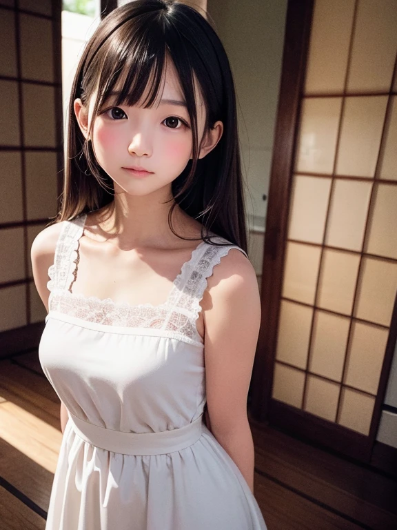 Highest quality, RAW Photos, Realistic, face, Incredibly beautiful girl, cute, length Hair,ponytail，Glasses，Written boundary depth, High resolution, 超detailed, detailed, Very detaileded, extremely detaileded eye and face, Sharp pupils, Realistic students, Sharp focus, Cinema Lighting, Japanese, Short Woman,  Physical build, Short arms, length, Narrow eyes, Fleeting atmosphere, 10 , Brown Bob Hair, ((thin唇)), White top and bottom underwear, masterpiece, Highest quality, detailedな肌, detailedなface, fine grain, 8K, Excellent anatomy, Upper body portrait，flat breasts, small breasts, small,( small bust: 1.2), small bust, (slim, small, flat, small), thin, Delicate and sexy collarbone, One Girl, (beautiful girl, Delicate girl:1.3), (10 years old:1.3),
