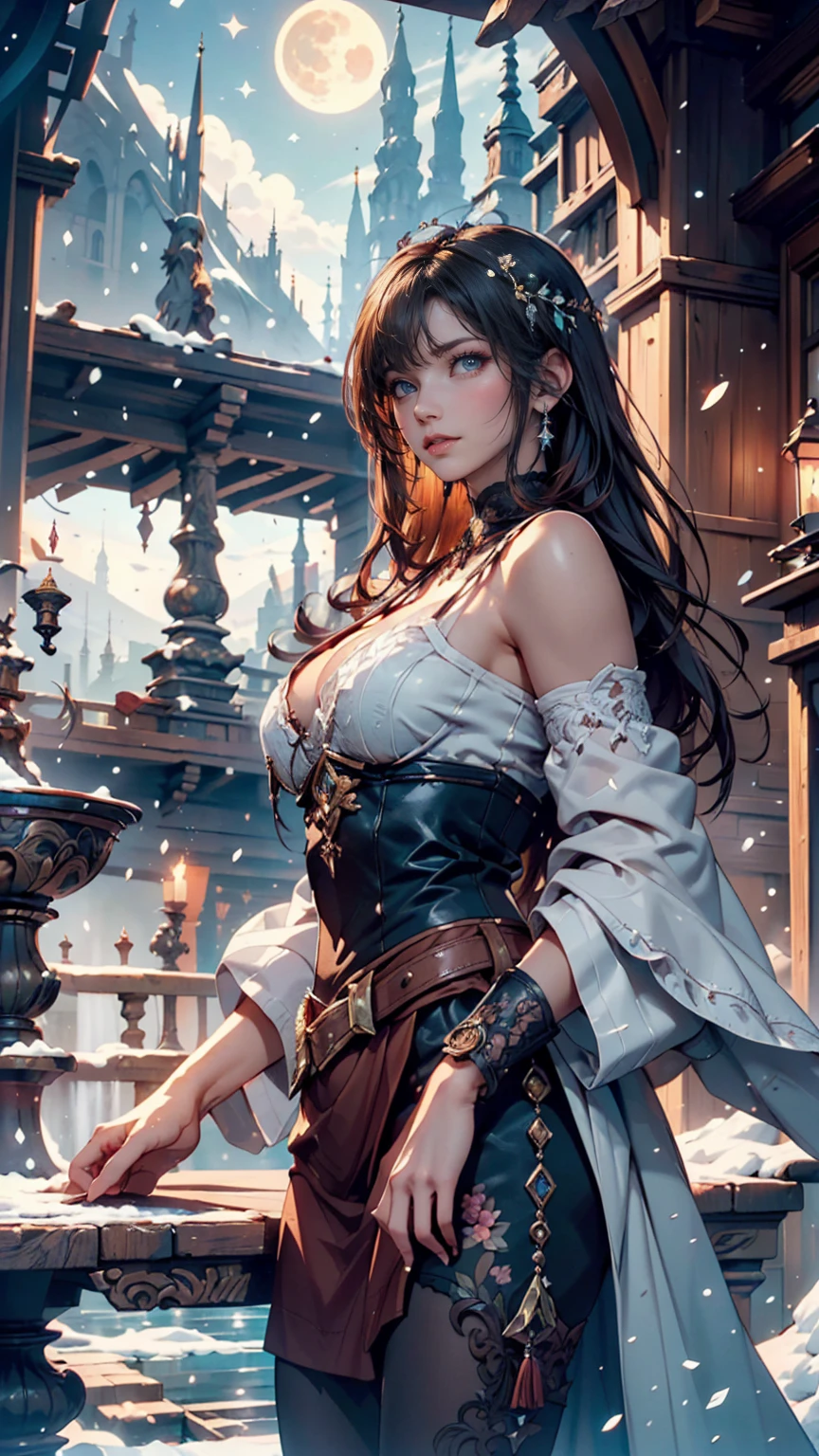 a matured woman with long black hair and a white outfit, (at a rock place in a desert:1.5), (resting in oasis:1.2, holding metal water bottles:1.3, standing:1.3, with cross-legged:1.3, with lifting arms, in front of Arabic ruins:1.2), Arabic, (Post apocalyptic:0.2), from arknights, artwork in the style of guweiz, bodyesbian, fine details. girls frontline, beautiful anime illustration, from girls frontline, by Yang J, stunning, 26 years old, (milf:1.3), (solo:1.5), (sfw:1.25), sagging breast, fuge breasts, big tits, thin waist, big ass, Raised sexy, (dark mahogany medium short hair, updo, hair over one eye, asymmetric hair, Carly hair, low tied braids),(musulman, white Headscarfs, hair bands, head vandage, Turban), (ultra high resolution, 8K RAW photo, photo realistics, thin outline:1.3, clear focus), best qualtiy, natural lighting, textile shading, blurry back ground, field depth, bokeh, (Bright pupils, fine detailed beautiful eyes with highlight:1.2, high detailed face), Red lip, looking at viewers:1.3, (dynamic angle:1.2, front view:1.2, breast focus:1.3, from above:1.1), dynamic posing, (sexy posing:1.2, leaning forward), seductive smiling:1.2, center image, (wearing white long jacket and clothes, wearing white robes, ((bare breast:1.37)), platinum ornaments, rolling white clothes around waist, camel-brown long leather boots:1.3, translucent lace pantyhose), ((correct anatomy:1.5)), ((outdoor:1.2, in a night:1.3)),