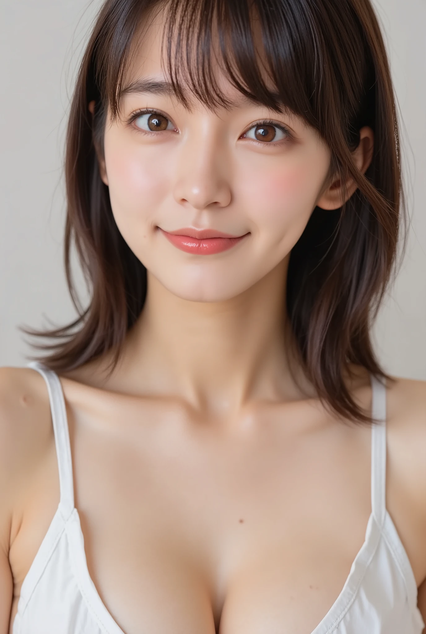 A close up of a woman with a white top and a brown hair - SeaArt AI