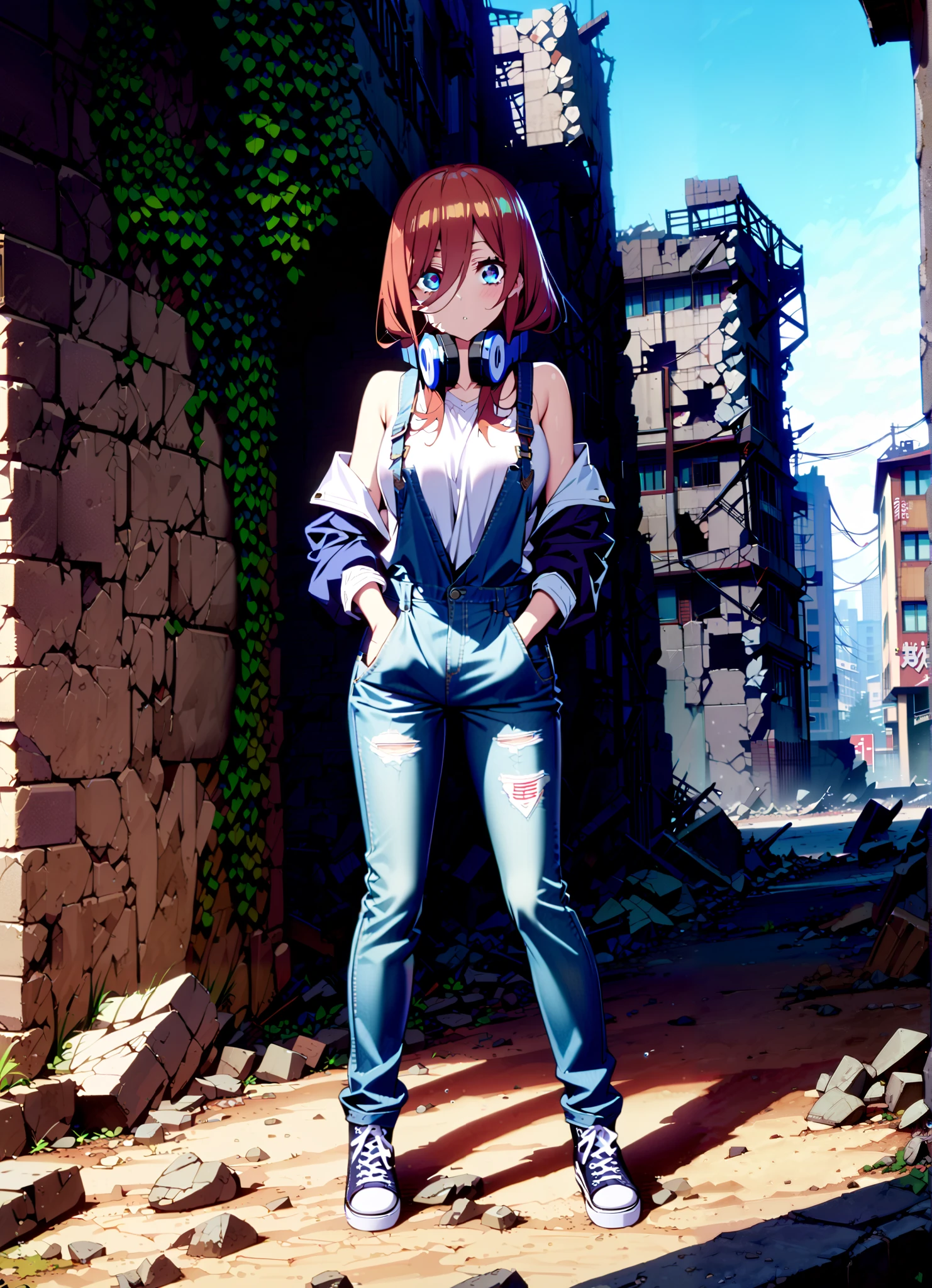 score_9, score_8_up, score_7_up, source_anime, Nakano Future, long hair, bangs, blue eyes, brown hair, o, headphones , headphones around neck, Baseball cap,Put your hands in jeans pockets ,Big Breasts,sideboom,naked overalls, denim jeans,Sneakers,standing,Blowing bubble gum,rubble,full bodyがillustrationsに入るように, break outdoors,ruins,
break looking at viewer,full body,
break (masterpiece:1.2), Best Quality, Hi-Res, Unity 8K Wallpaper , (illustrations:0.8), (Beautiful Detailed Eyes:1.6), very detailed face, perfect lighting, highly detailed CG, (perfect hand, perfect anatomy),