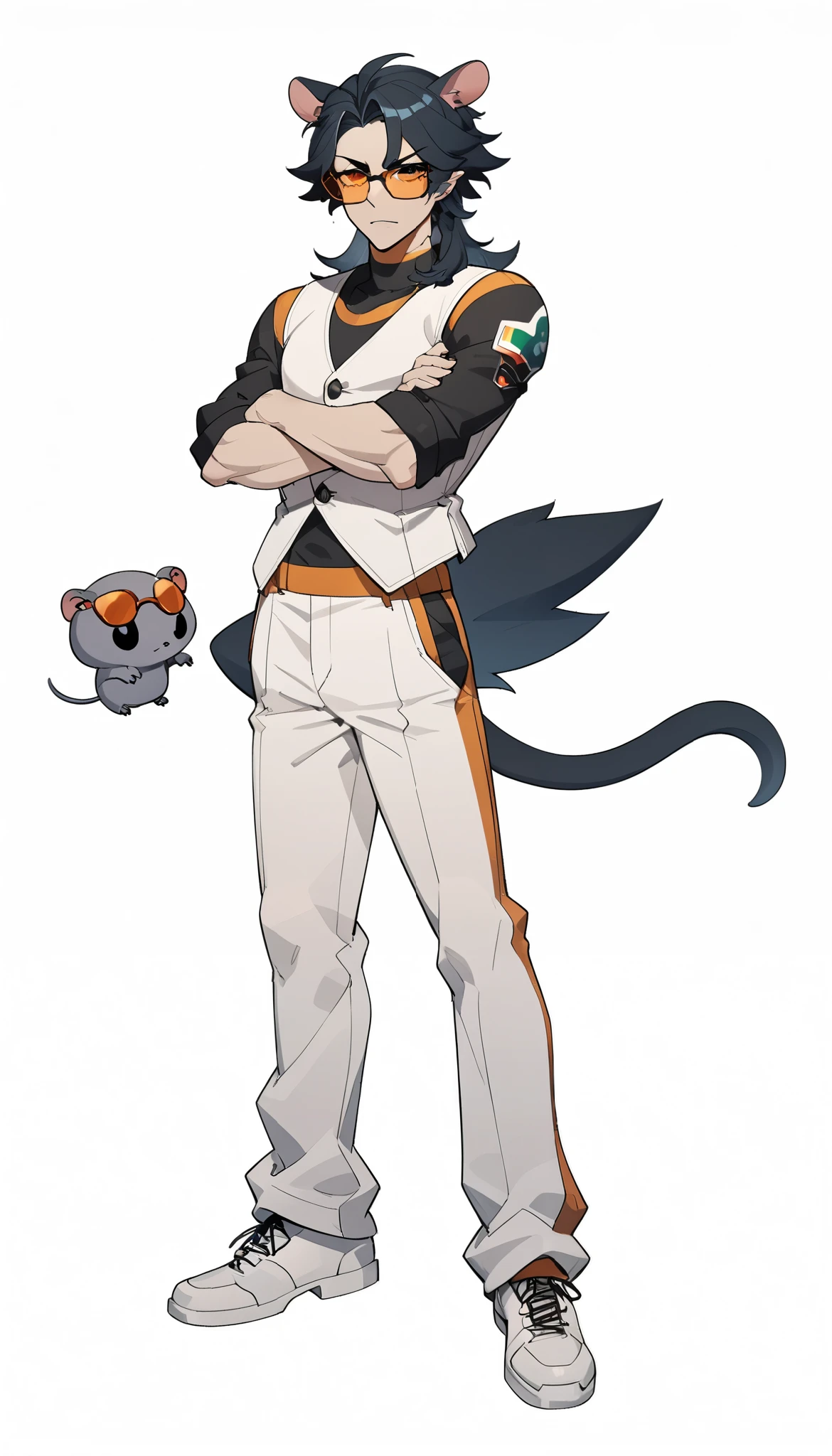 (My Hero Academia Style), (Argit), Ben 10, (Okarun), Dandadan, (High Quality), (Anthro), (1male), (solo), (small floppy rat ears) (Long pink prehensile tail), (Black eyes), (Red sclera), (Orange Eyewear), (Eyewear), (Blue-black hair), (Hair styled in a high, long style). (Pale skin), (Fur with grayish tones), (White vest), (Black and orange t-shirt), (Black baggy pants), (Perfect Anatomy), (Perfect Hands), (Super Detailed) (full body photo:1.5), (looking at viewer), (plain background),
