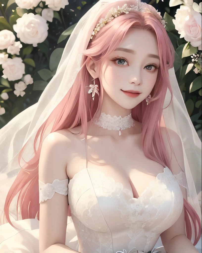 Super detailed、highest quality、masterpiece、
vivid、beautiful girl、Wide double eyelids、Big eyes、Japanese、Sepia eyes、Long Hair、Pink Hair、Flower Field、Daytime、bright、vivid、Princess、princess、goddess、clear、bride、Wedding dress、race、((organdy))、choker、Earrings、tiara、Natural smile