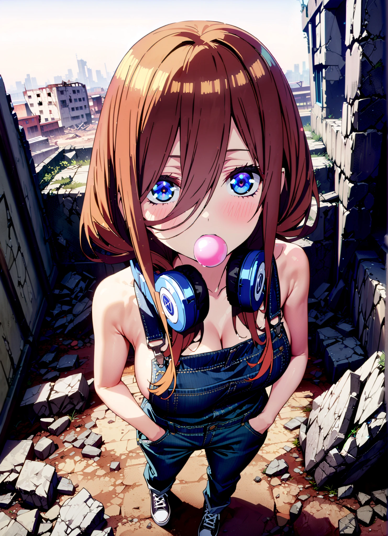 score_9, score_8_up, score_7_up, source_anime, Nakano Future, long hair, bangs, blue eyes, brown hair, o, headphones , headphones around neck, Baseball cap,Put your hands in jeans pockets ,Big Breasts,sideboom,naked overalls, denim jeans,Sneakers,standing,Blowing bubble gum,rubble,full bodyがillustrationsに入るように, break outdoors,ruins,
break looking at viewer,full body,
break (masterpiece:1.2), Best Quality, Hi-Res, Unity 8K Wallpaper , (illustrations:0.8), (Beautiful Detailed Eyes:1.6), very detailed face, perfect lighting, highly detailed CG, (perfect hand, perfect anatomy),