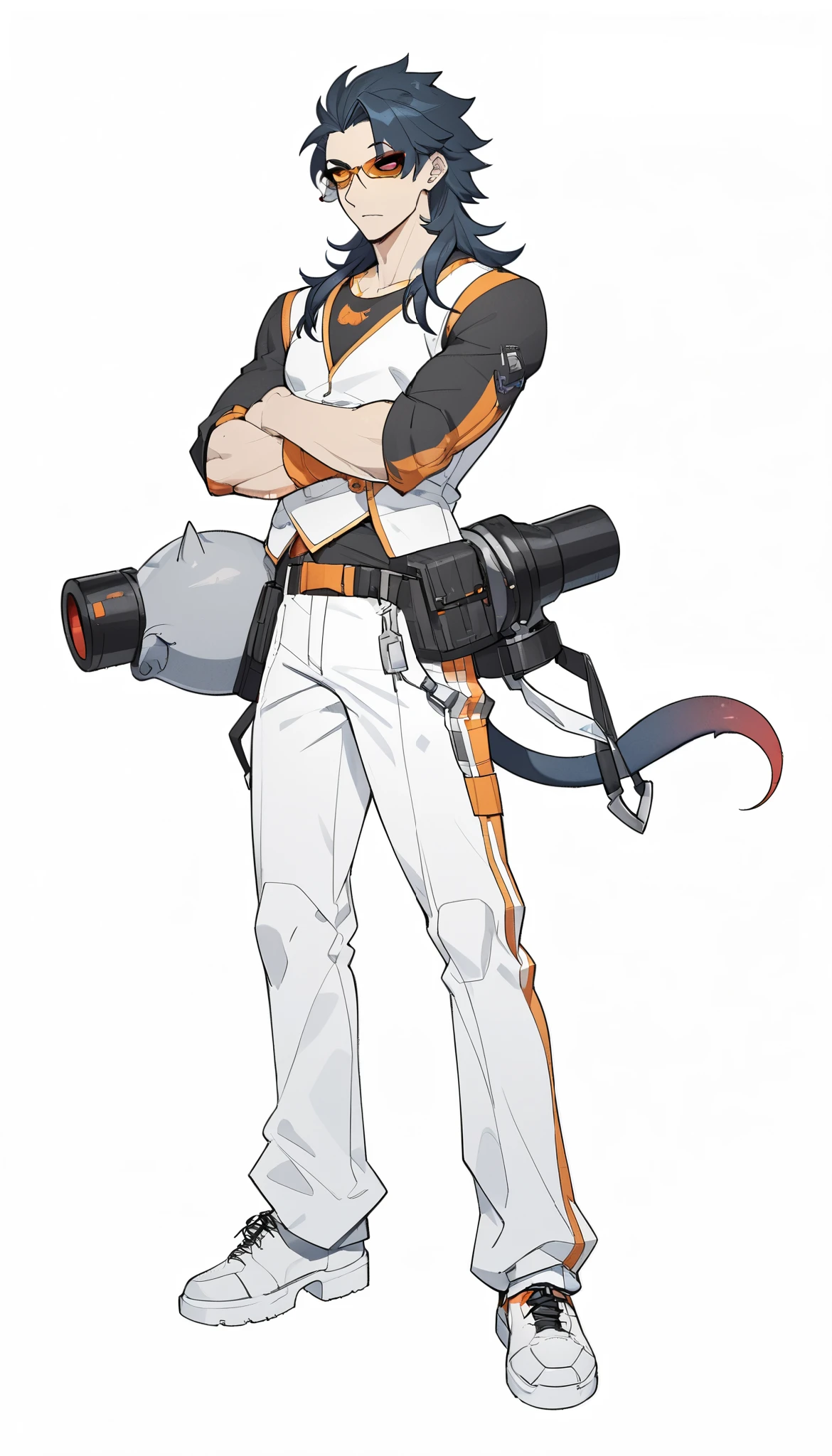 (My Hero Academia Style), (Argit), Ben 10, (Okarun), Dandadan, (High Quality), (Anthro), (1male), (solo), (small floppy rat ears) (Long pink prehensile tail), (Black eyes), (Red sclera), (Orange Eyewear), (Eyewear), (Blue-black hair), (Hair styled in a high, long style). (Pale skin), (Fur with grayish tones), (White vest), (Black and orange t-shirt), (Black baggy pants), (Perfect Anatomy), (Perfect Hands), (Super Detailed) (full body photo:1.5), (looking at viewer), (plain background),