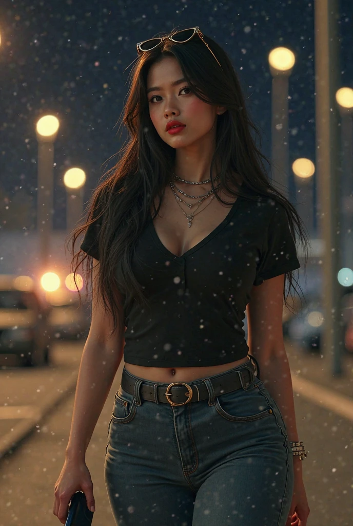 best quality, Ultra-high resolution, photo of a beautiful woman, Delicate face, Black messy fishtail, Skinny jeans, Short sleeve, Attractive appearance, Huge Moon, The star on the sky, firefly, night