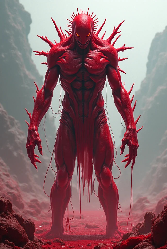 a  male. He was wearing only a primitive loincloth made from Spider-Man&#39;s costume.. His body is covered in blood and has spider legs coming out of his back.. His eyes are red and a black cosma comes out. He is in a laboratory where there are several bodies of scientists. And he&#39;s eating the head of one of them The image has to be in anime