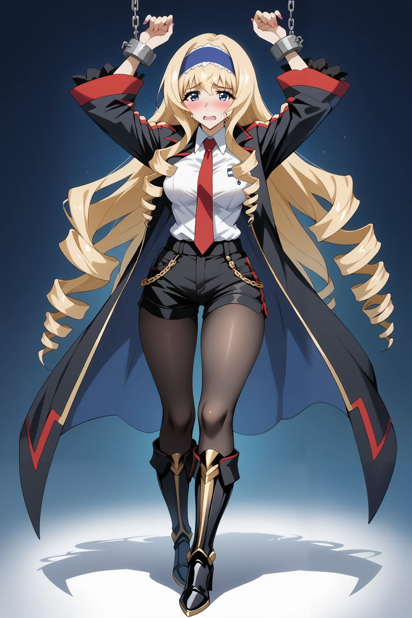 score_9, score_8_up, score_7_up, source_anime, 4K,perfect fingers,(perfect hands, perfect anatomy),prefect lighting, very aesthetic, intricate details,highly detailed background, masterpiece, high quality, best quality,
1girl, ceciliaalcott, cecilia alcott, long hair, blue eyes, blonde hair, hairband, drill hair, blue hairband, Large Breast,
wearing ((black jacket, jacket has gold trim and details, white collared shirt, red tie, short, black shorts, gold-colored details on her shorts, black opaque tights, black heeled boots, metallic buckles, )),,
((fullbody)), perfect fingers, ((chain:1.1)), arms up ,((shackles:1.2)), ,((white plain background)),looking at viewers,((front look:1,5)), (blush, embarrassed, orgasm : 1.2), sweating,