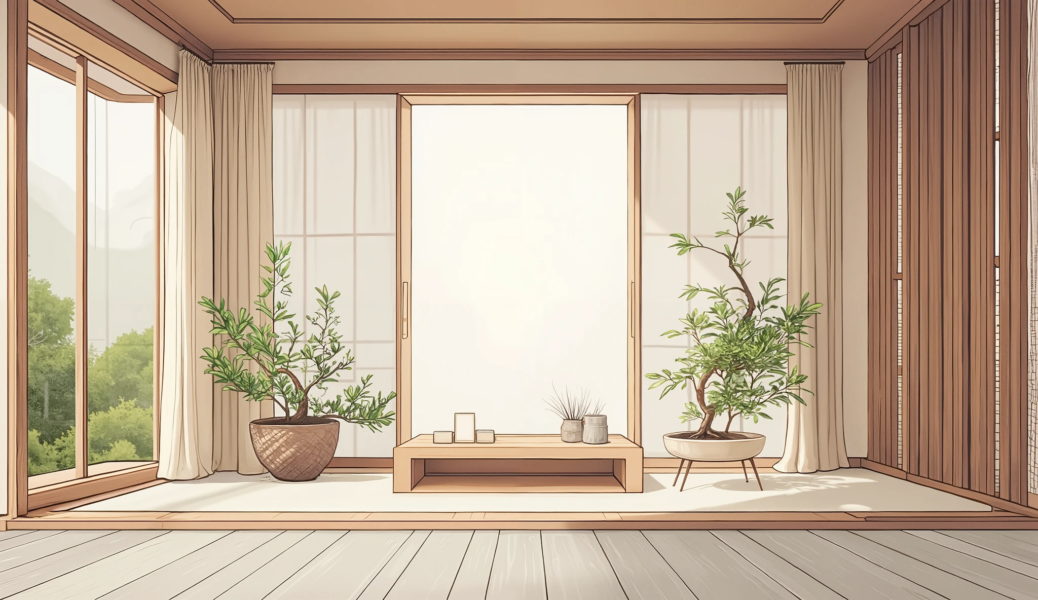illustration in soft colors predominating , minimalism of a Japanese style living room with window to see the minimalist Japanese garden with bonsai trees, the stage evokes energy and elegance