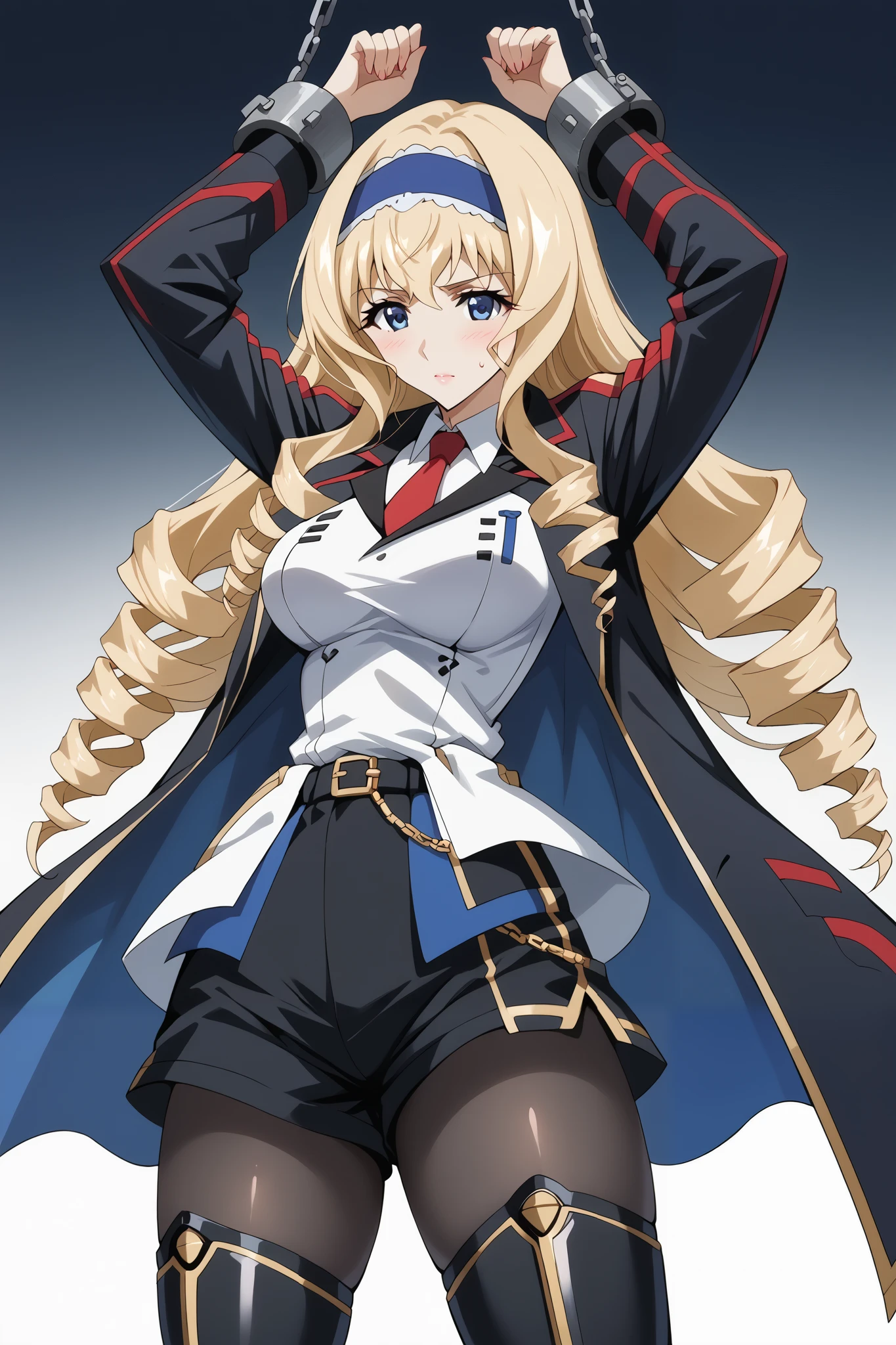 score_9, score_8_up, score_7_up, source_anime, 4K,perfect fingers,(perfect hands, perfect anatomy),prefect lighting, very aesthetic, intricate details,highly detailed background, masterpiece, high quality, best quality,
1girl, ceciliaalcott, cecilia alcott, long hair, blue eyes, blonde hair, hairband, drill hair, blue hairband, Large Breast,
wearing ((black jacket, jacket has gold trim and details, white collared shirt, red tie, short, black shorts, gold-colored details on her shorts, black opaque tights, black heeled boots, metallic buckles, )),,
((chain:1.1)), arms up ,((shackles:1.2)), ,((white plain background)), sweating, no expression,