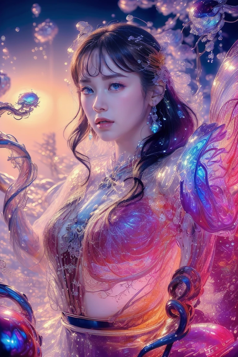 A lovely woman (age 25, sheer airy gown, dragon makeup, big eyes, colorful hair, dancing on a cosmic field of stars, trails of stardust and sparkles