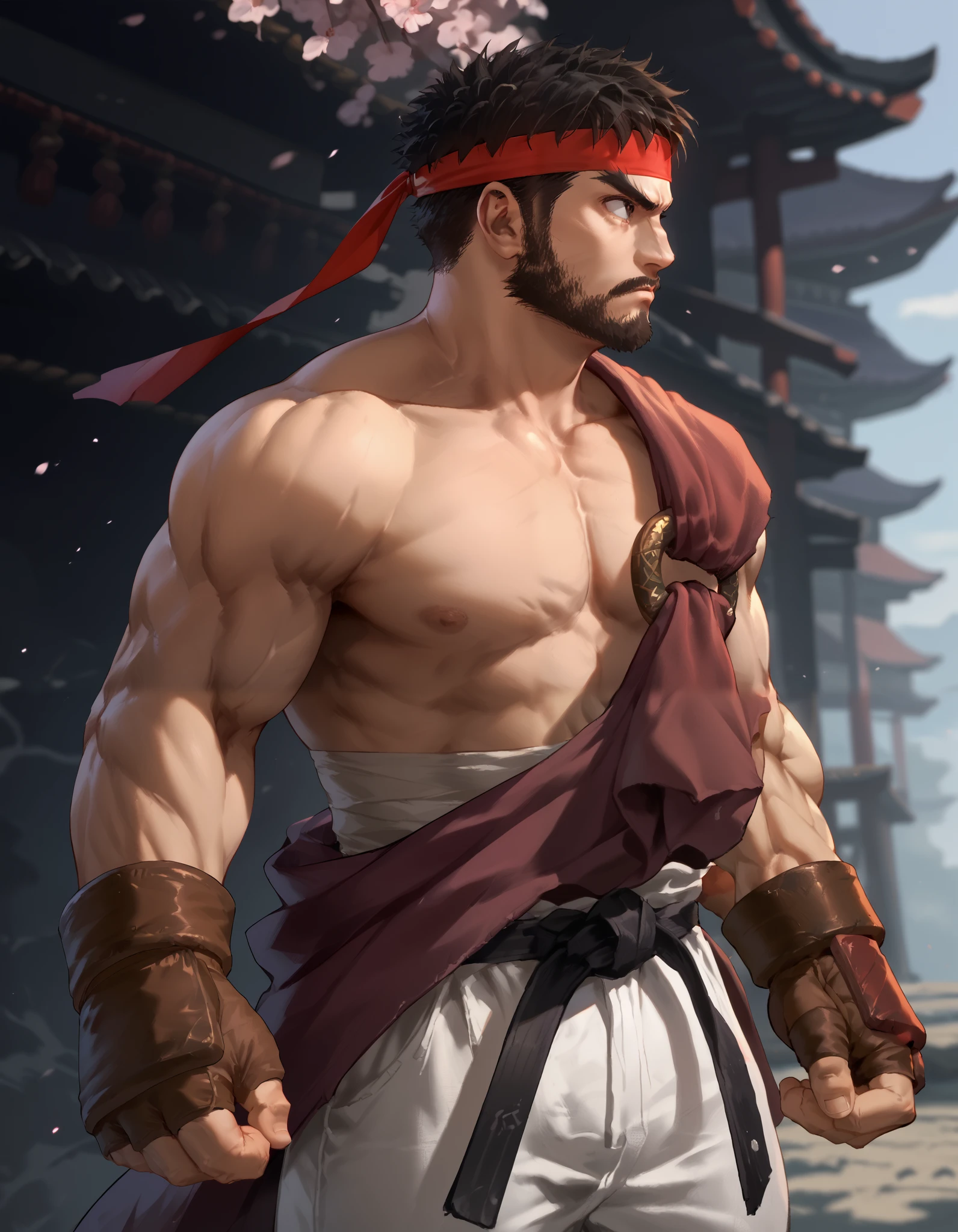 1man, solo, Ryusf, black hair, short hair, black eyes, muscular, Beard, Red headband, purple top, midriff sarashi, white sarashi, black belt, brown gloves, fingerless gloves, white pants, standing, hero, anime, epic pose, fists, looking to the side, head from the side, ((dark backround)), cinematic light
