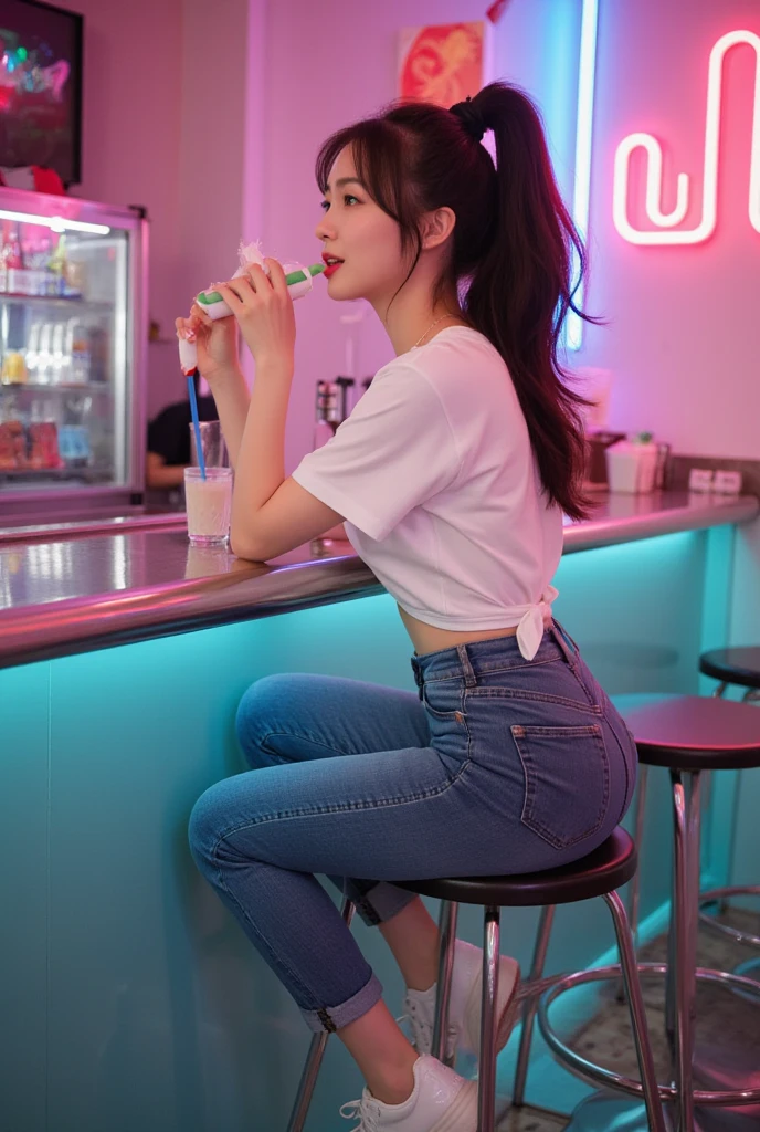 ((Highest quality, 8K, masterpiece: 1.3)),RAW Photos,Realistic atmosphere,Lens flare, Ray Tracing,(Detailed beautiful white skin:1.3),Cute 17 year old Japanese, hot summer,Shiny light blonde short hair,Beautiful breasts,(Sexy facial mole),A stylish Starbucks-like cafe,Strong sunlight coming through the windows、Sitting in a high chair listening to music with headphones,Angle from the ground、Angle from behind、Full body view from below、Beautiful calves and thighs、Beautiful shoulders,((Sandals、Denim shorts、Thin camisole、A thin shirt hanging off the shoulders)),iPhone and drink with straw on table
