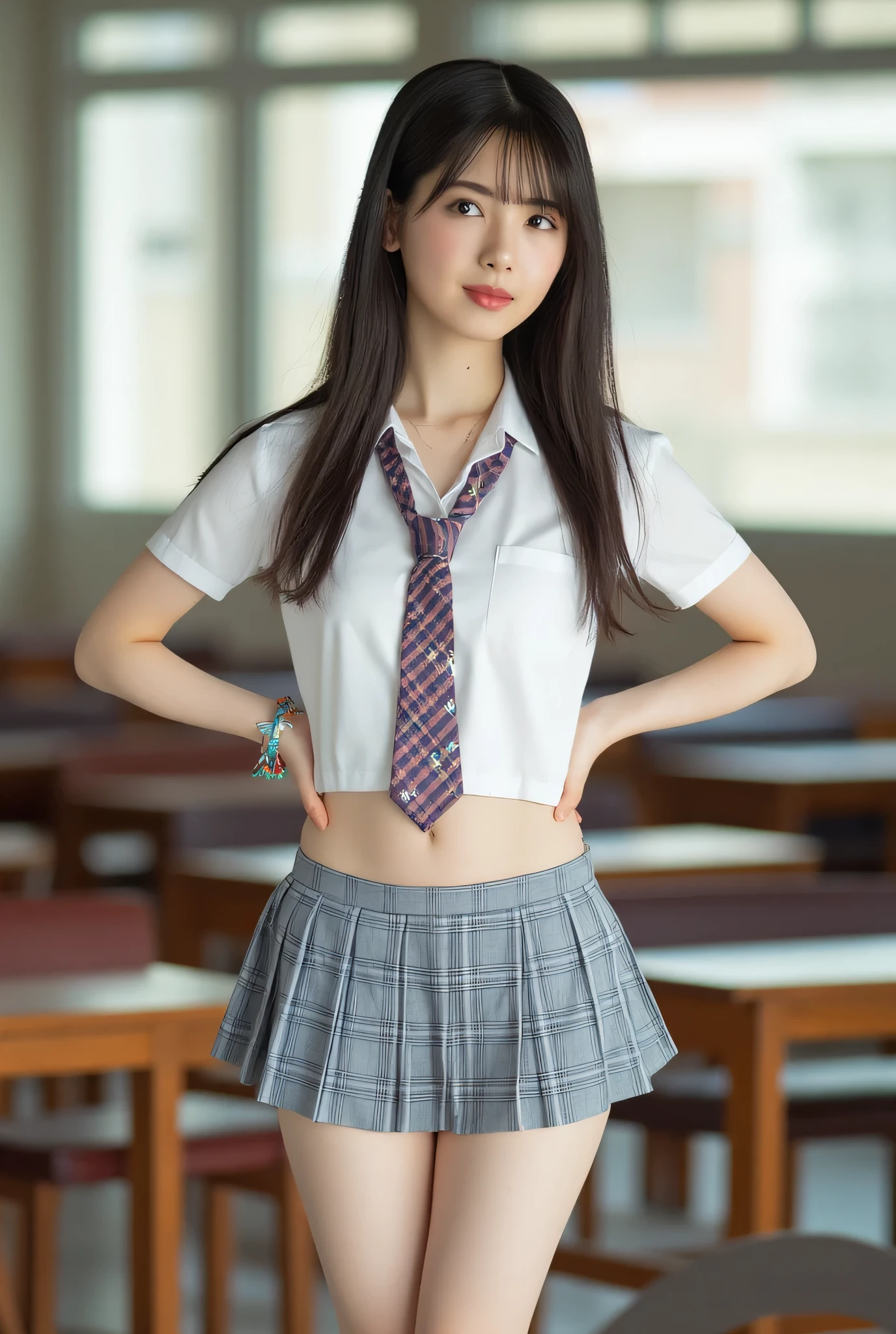 Best quality, 8k, masterpiece, super high resolution, (photorealistic: 1.4), RAW photo, (Caramel Hair、Bright and long hair ), (sexy school uniform:1.2),(school uniforms:1.3), (white collared-shirt:1.4),slim abs: 1.1, (((Standing with hands on hips Classroom with legs spread + chest))), ((white collar, unbutton, short sleeve):1.2),((Beautiful breasts)),(((wearing a tie with horizontal stripes in cyclamen pink and grey))),((wearing loose socks)), (Light blue and grey plaid-pattern pleated-Micro Mini skirt:1.3), ((bare stomach, navel, collarbone, emphasize breast cleavage):1.4), ((necklace, colorful bracelet, X hair ornament):1.2),((Full body image)), ((School classroom)),((You can see her belly button)),