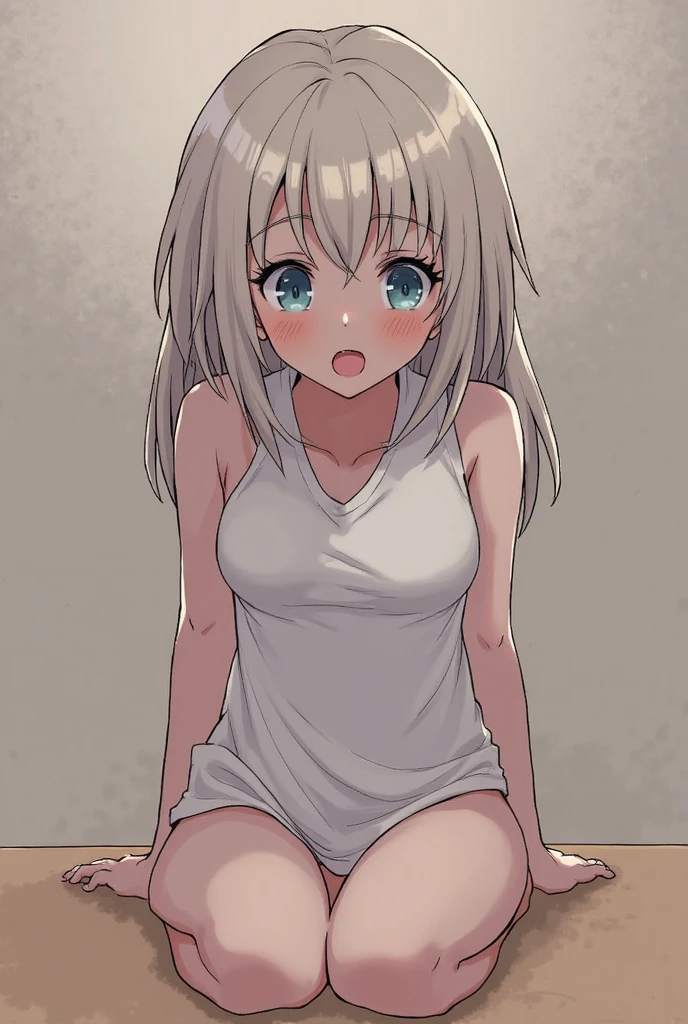 One Girl, Gray Hair, Low twin tails, There is only one mole below the eye, There is only one mole, Small breasts, Cheeky face, looking at the camera, ass pov, Brown Skin, White off-shoulder, Belly button, Sweating, Face is close, Sticking out tongue, Denim shorts, Black knee-high socks, slender, Brat, Alley, Dark eyeliner, Crouching