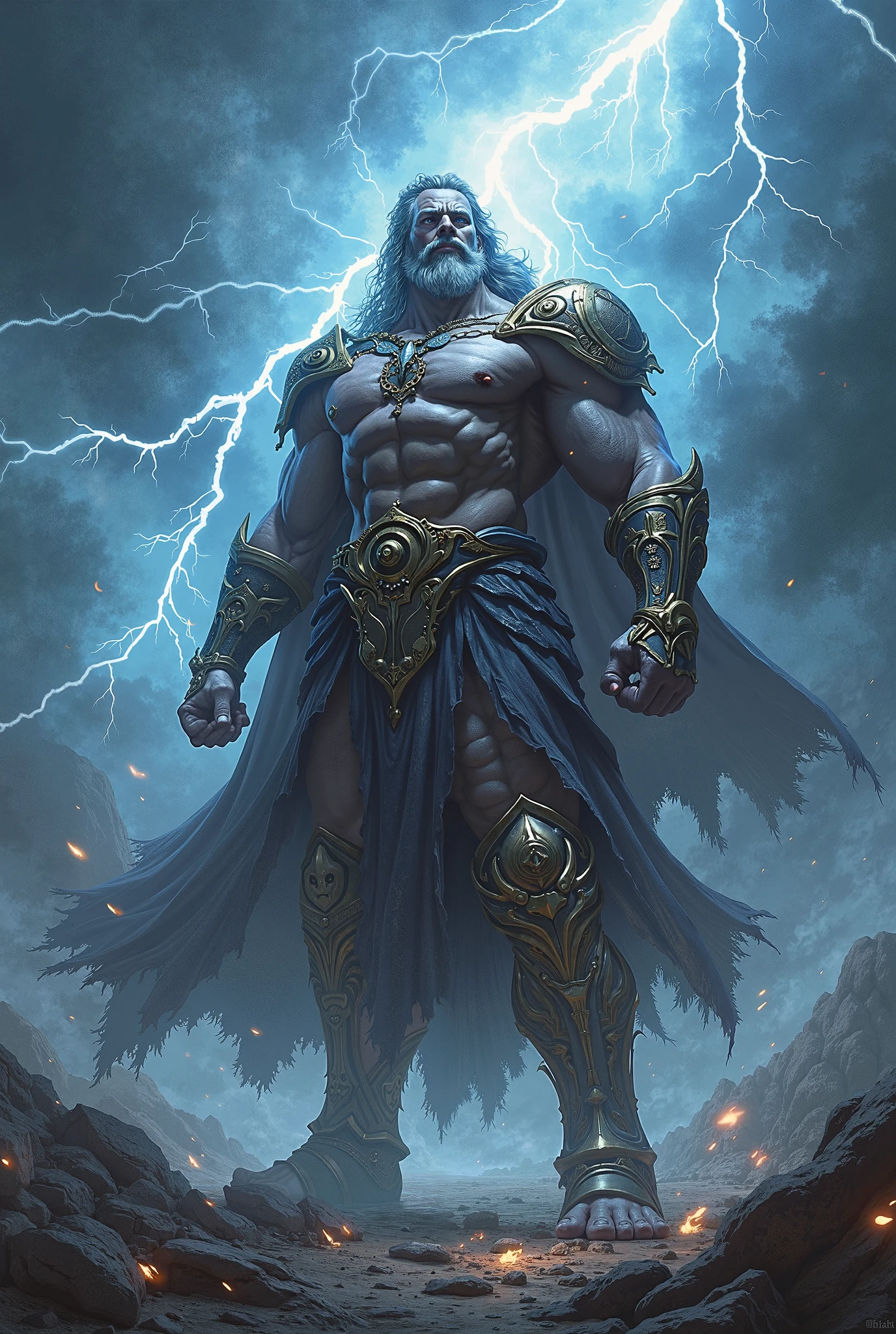Zeus, cyborg, lightning strikes,  hose with liquid coming out of your body, matrix, chains on hands 