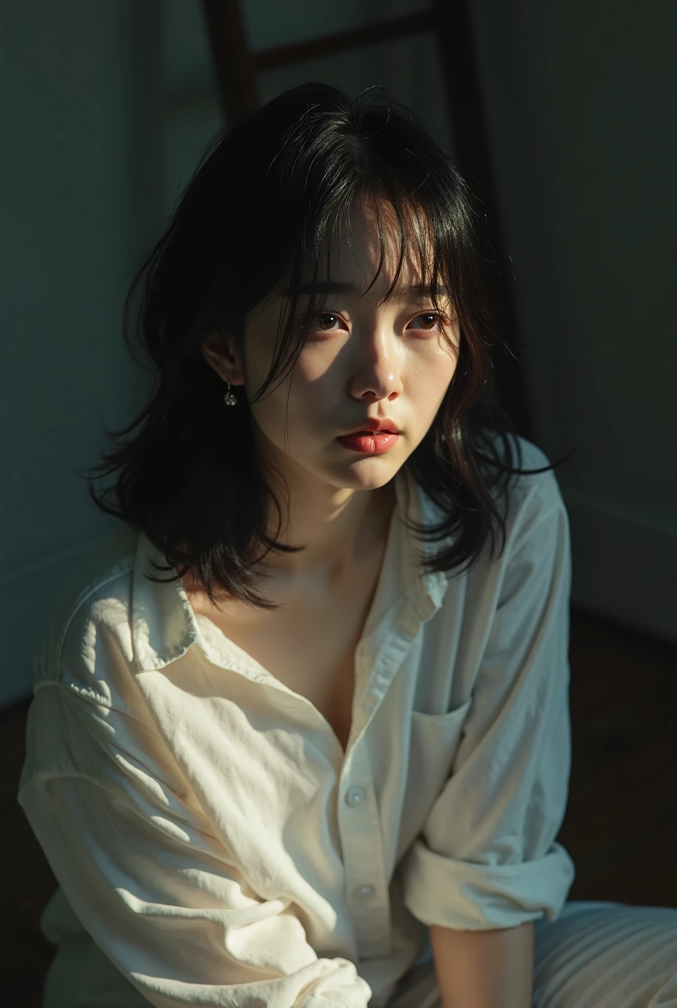 There is a woman sitting on the floor with a white shirt - SeaArt AI