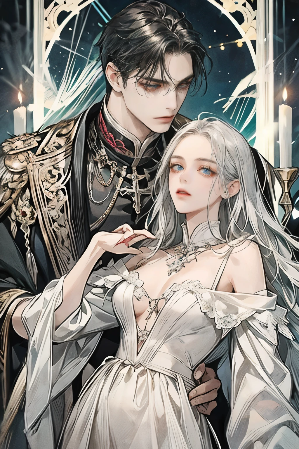 Men and women,The woman has black hair, The man has silver hair, Women have long hair , Men have short hair , 남자는 RED eyed 입니다, 여자는 BLUE EYES 입니다, One is a man dressed in black: RED eyed , One is a long-haired woman: BLUE EYES , Exactly similar, casual style, Clergy clothing, sharp impression , less physical exposure , masterpiece, High quality, night start sky