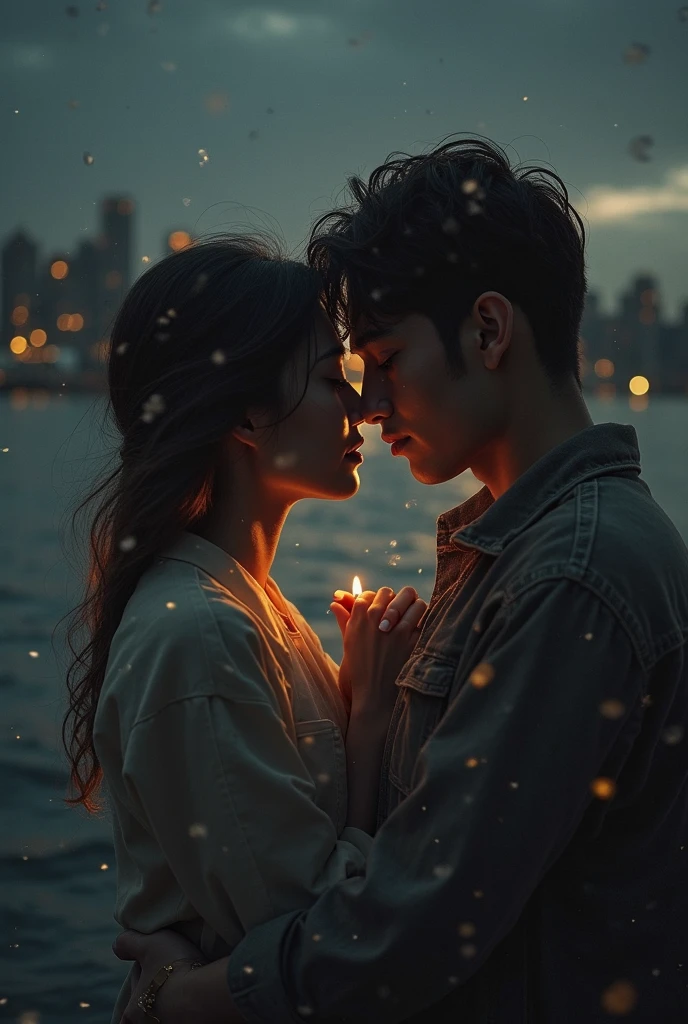 A night time in winters, a couple sitting on top of a roof of. A building high up above where they can see small traffic lights and neon signs down on street, couples are wraped in blanket in each others arms sharing a cup of coffee, give it a wide angle shot