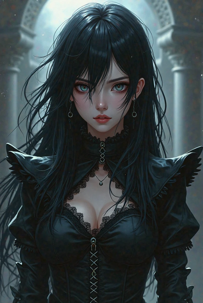 She generates a girl with black hair, pale skin in black and gothic clothes, but as an anime-style rock star, I don't want her to have cat ears or such a chichona, I don't want her body to be seen, put something that covers her more.
