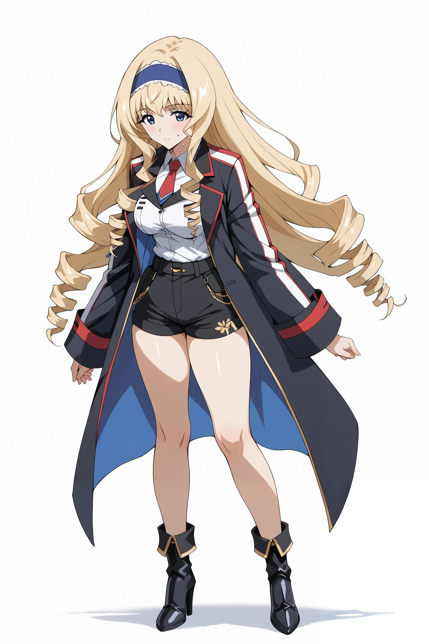 score_9, score_8_up, score_7_up, source_anime, 4K,perfect fingers,(perfect hands, perfect anatomy),prefect lighting, very aesthetic, intricate details,highly detailed background, masterpiece, high quality, best quality,
1girl, ceciliaalcott, cecilia alcott, long hair, blue eyes, blonde hair, hairband, drill hair, blue hairband, Large Breast,
wearing ((black jacket, jacket has gold trim and details, white collared shirt, red tie, short, black shorts, gold-colored details on her shorts, black opaque tights, black heeled boots, metallic buckles, )),,
((fullbody)),((white plain background)), sweating, no expression,seated in a casual,