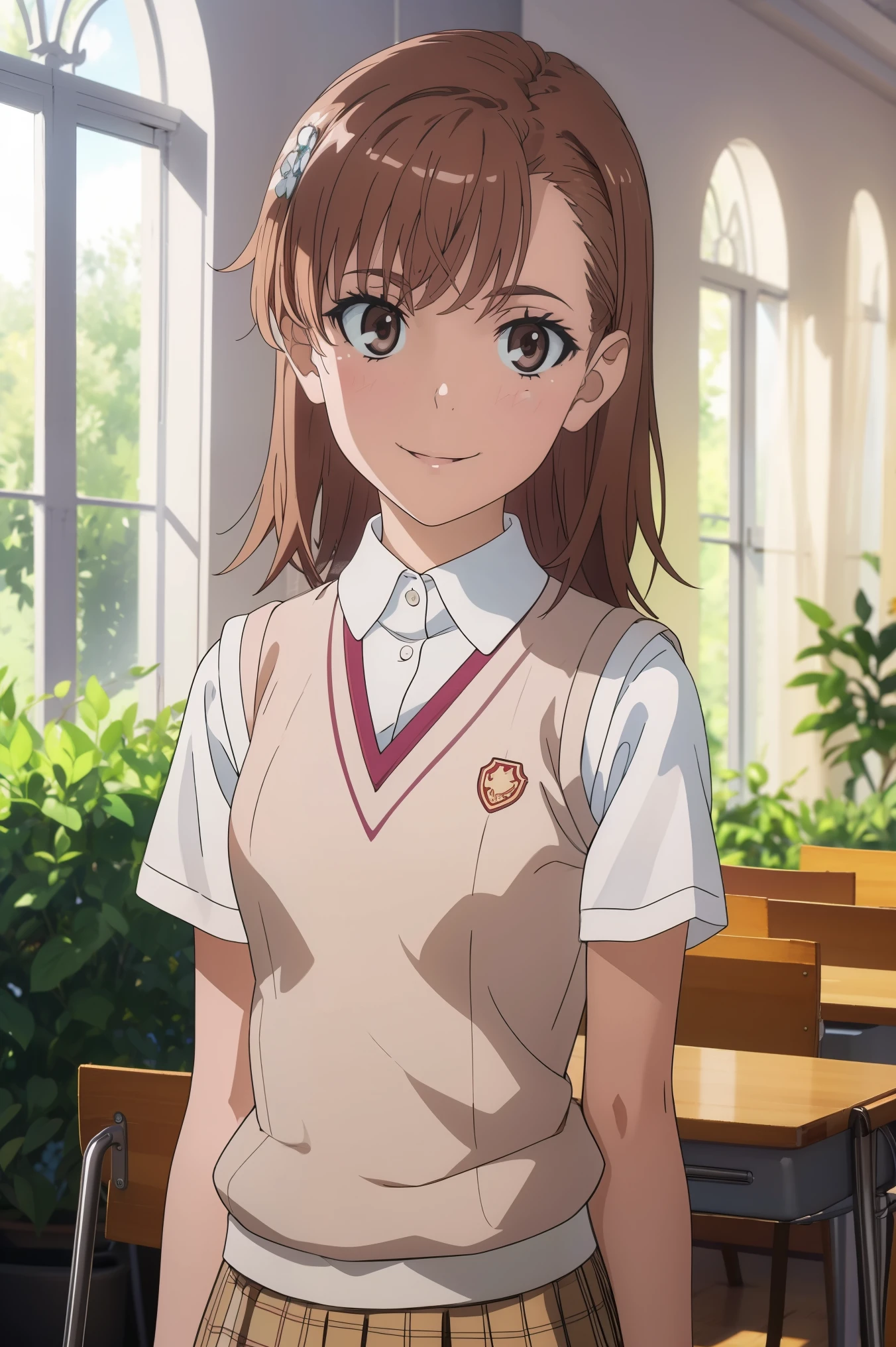 Grey Mini skirt, white short sleeve shirt, light brown knitted vest, standing, in classroom, arms by side, smiling, detailed eyes, 8k quality