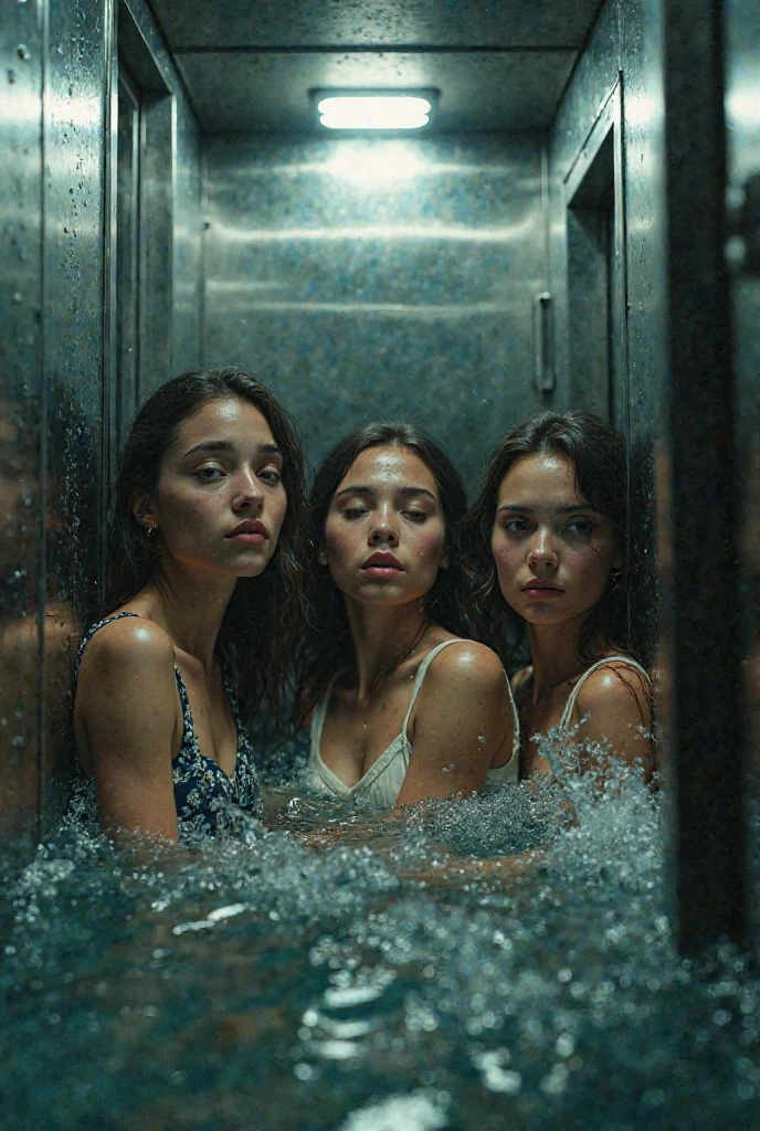 Group of girls showering together in large communal showers. Detailed faces.